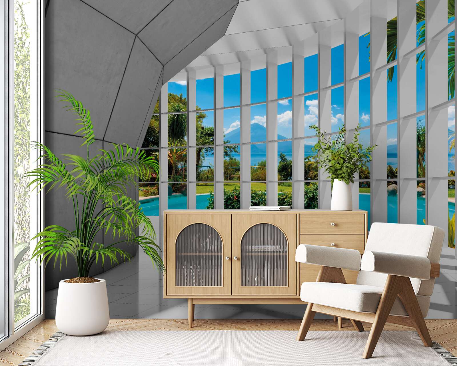 Fototapet stil modern în hol, creând un sentiment de perspectivă