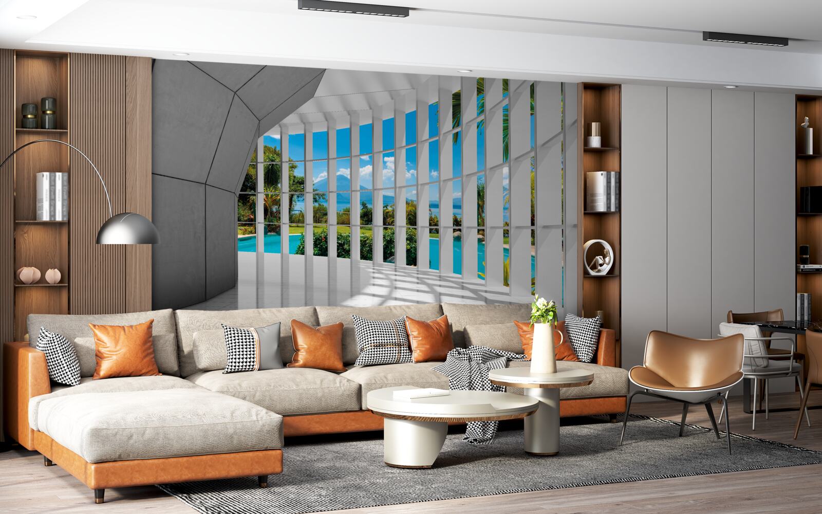 Fototapet stil modern în hol, creând un sentiment de perspectivă