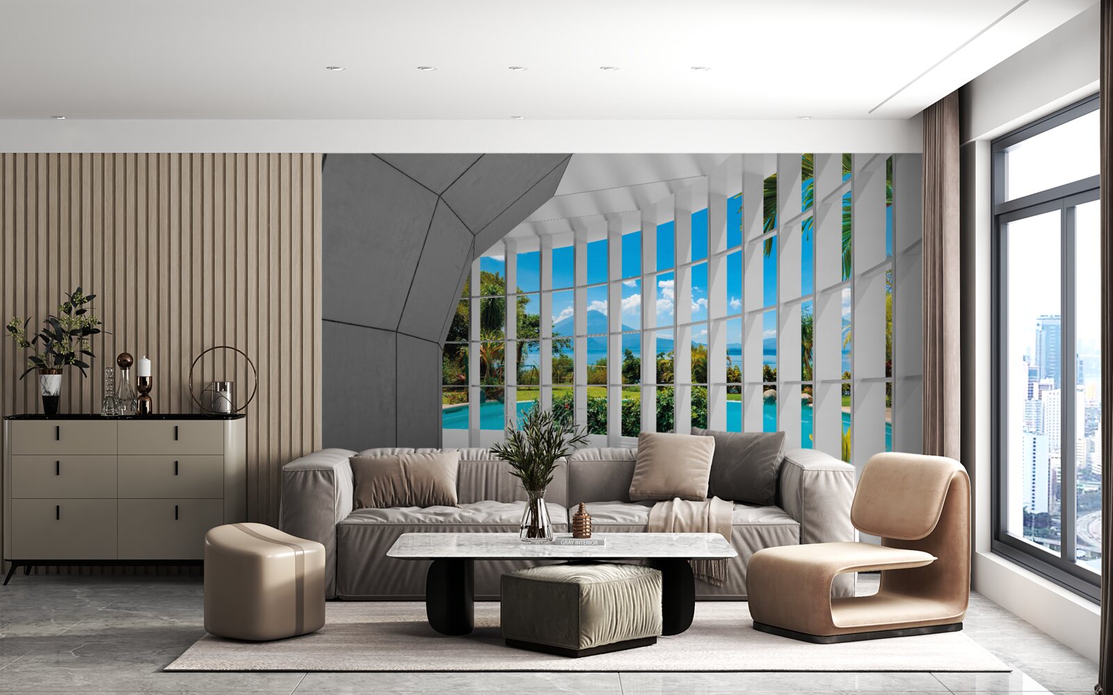 Fototapet stil modern în hol, creând un sentiment de perspectivă