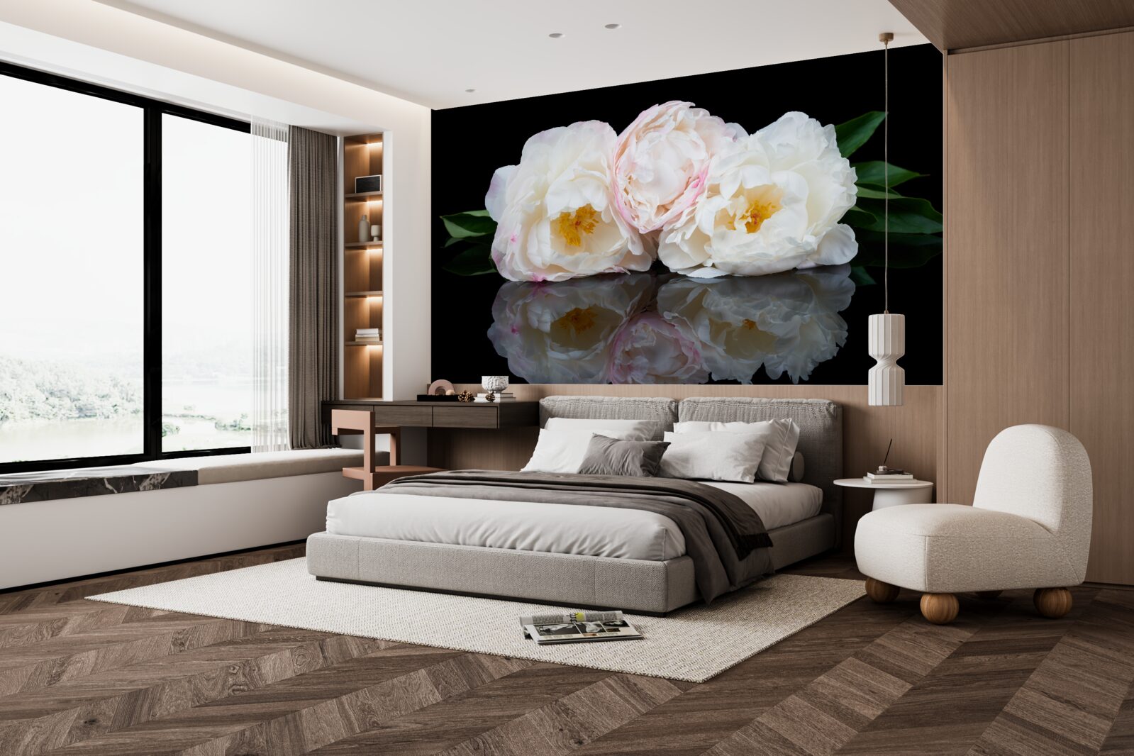 Fototapet buchet de flori albe reflectat în apă