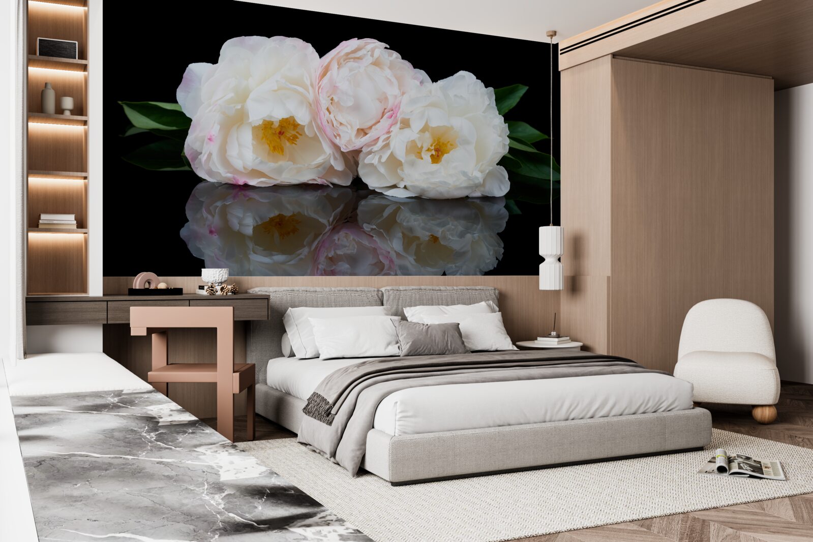 Fototapet buchet de flori albe reflectat în apă