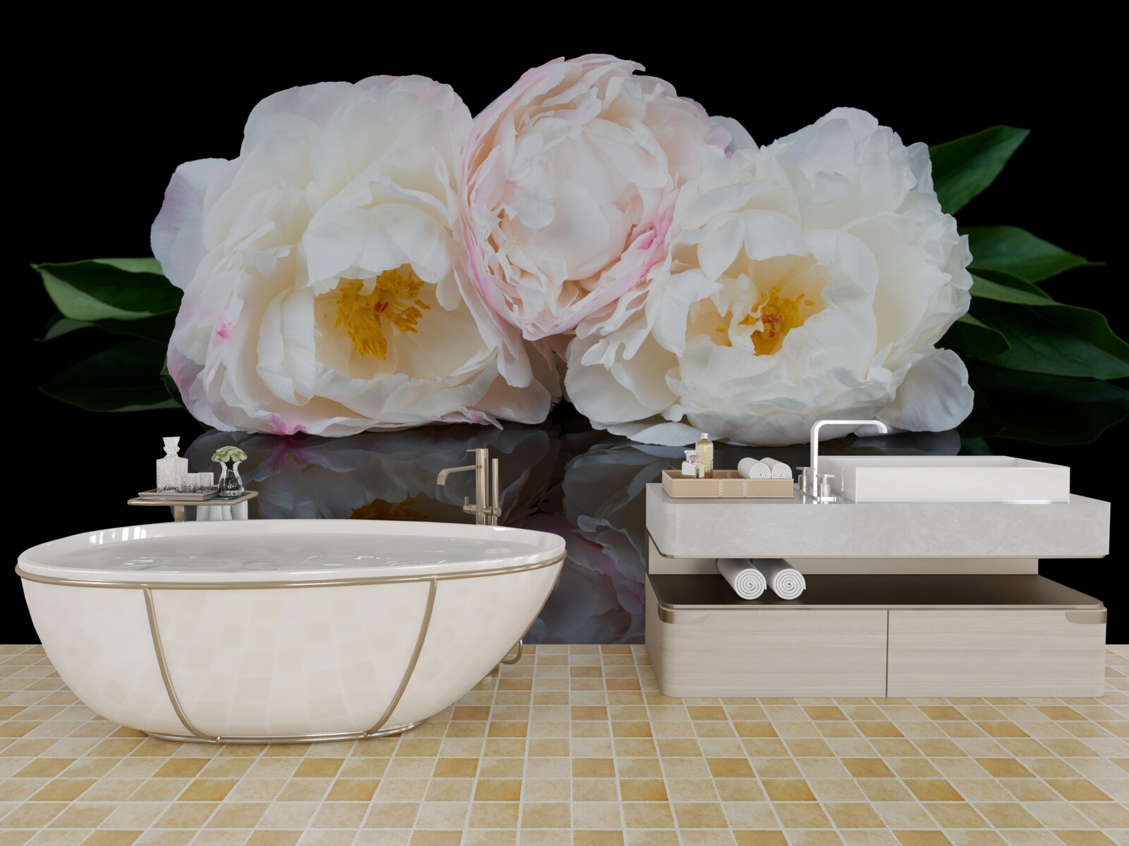 Fototapet buchet de flori albe reflectat în apă