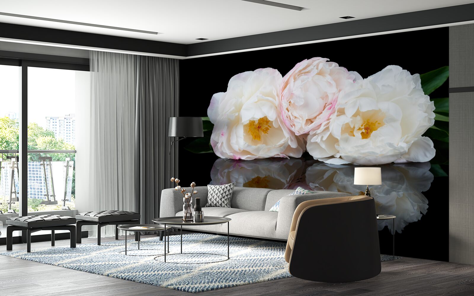 Fototapet buchet de flori albe reflectat în apă