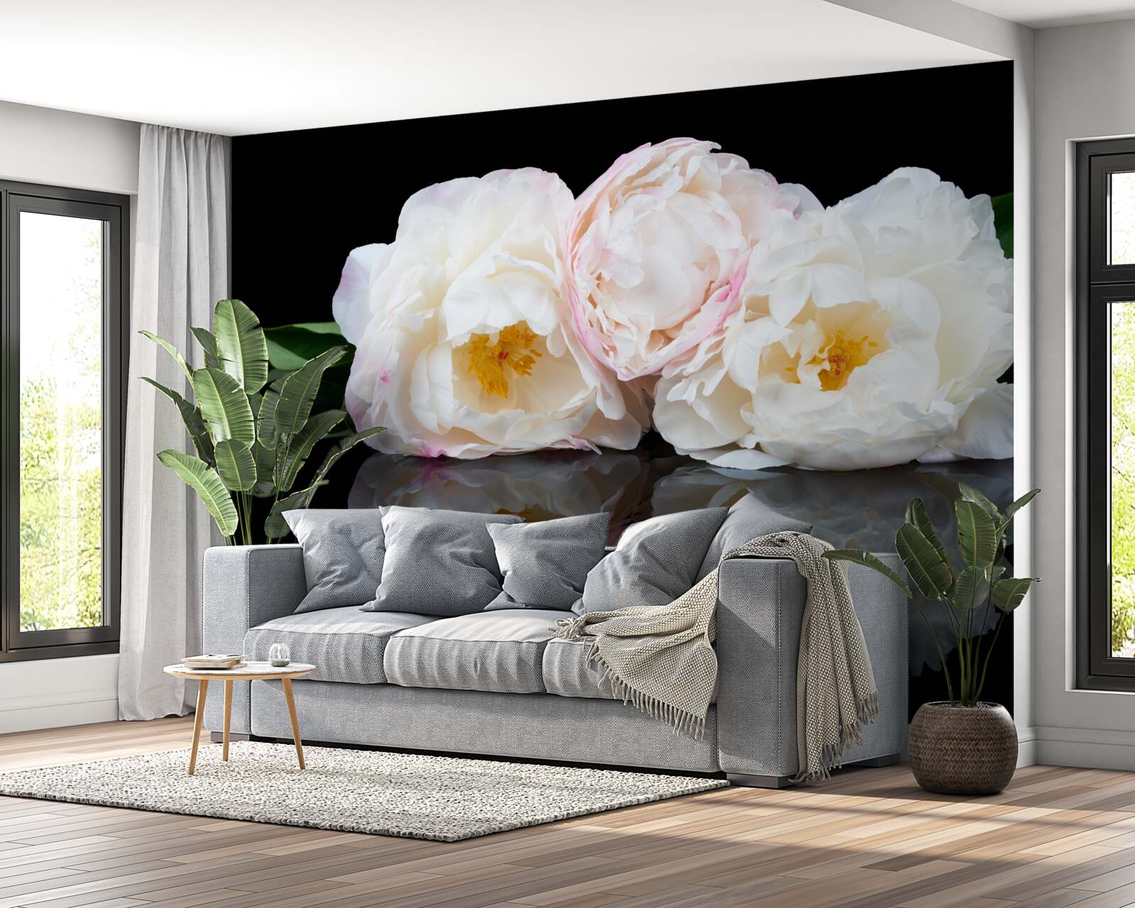 Fototapet buchet de flori albe reflectat în apă