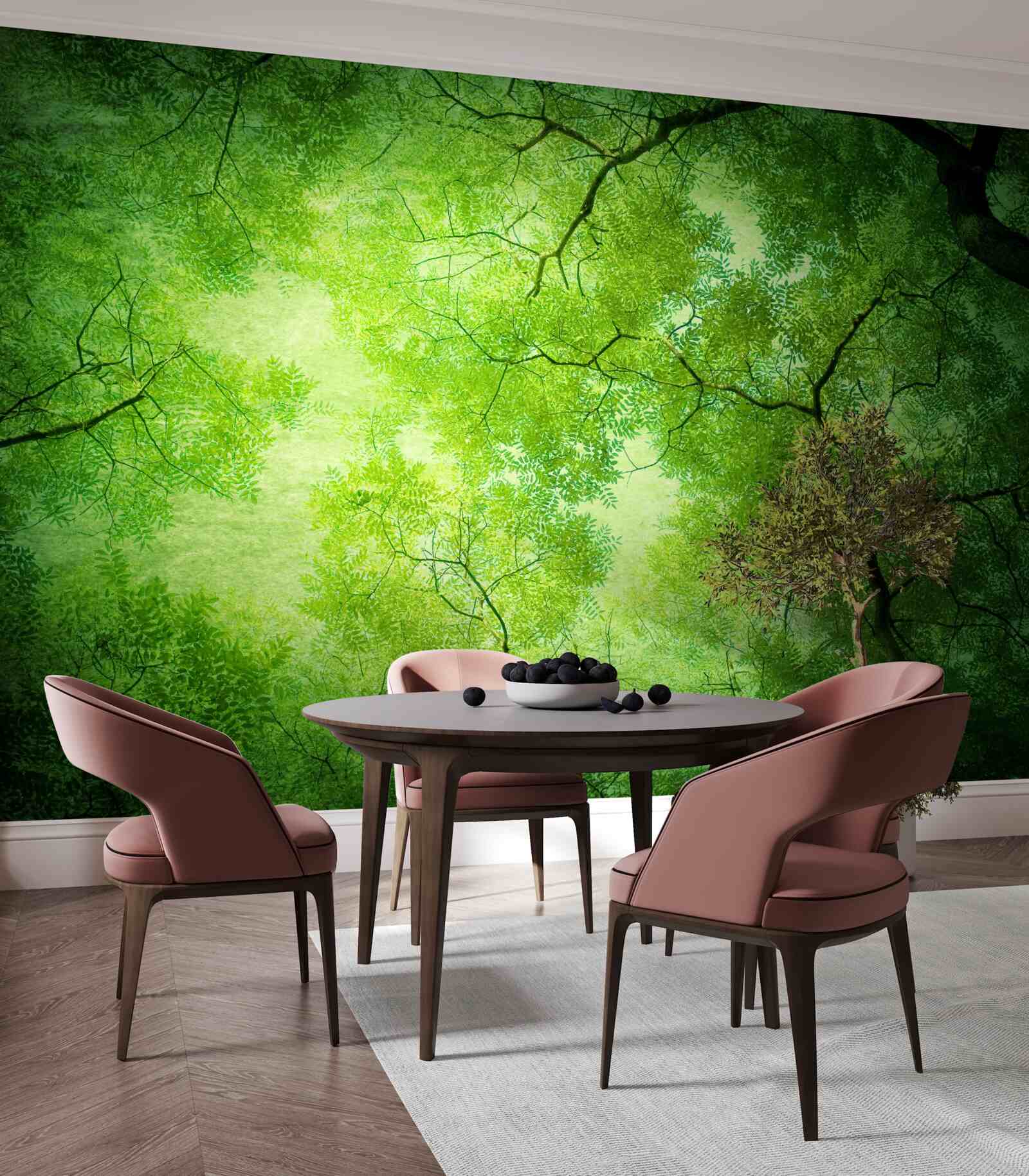 Fototapet o rază de soare pătrunde prin verdele dens al vârfurilor copacilor