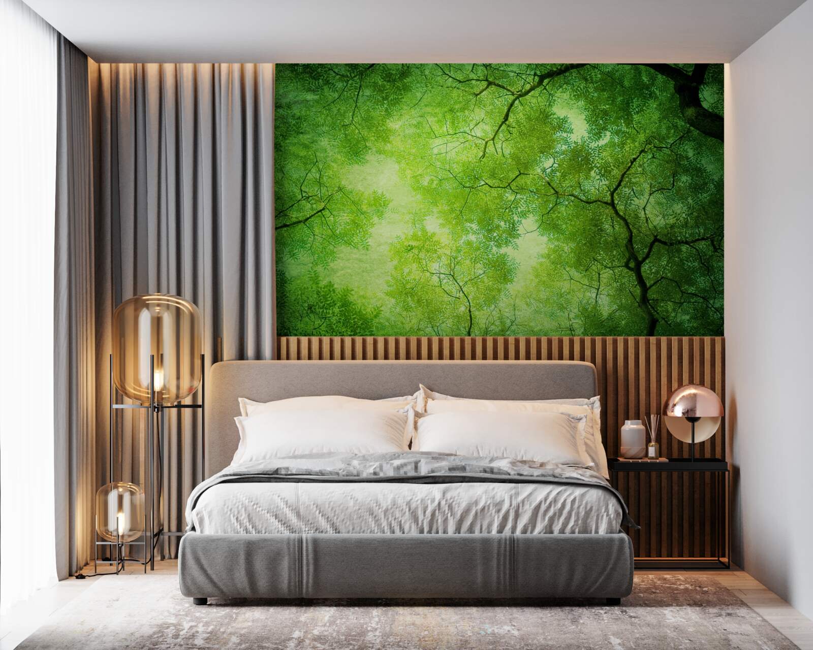 Fototapet o rază de soare pătrunde prin verdele dens al vârfurilor copacilor