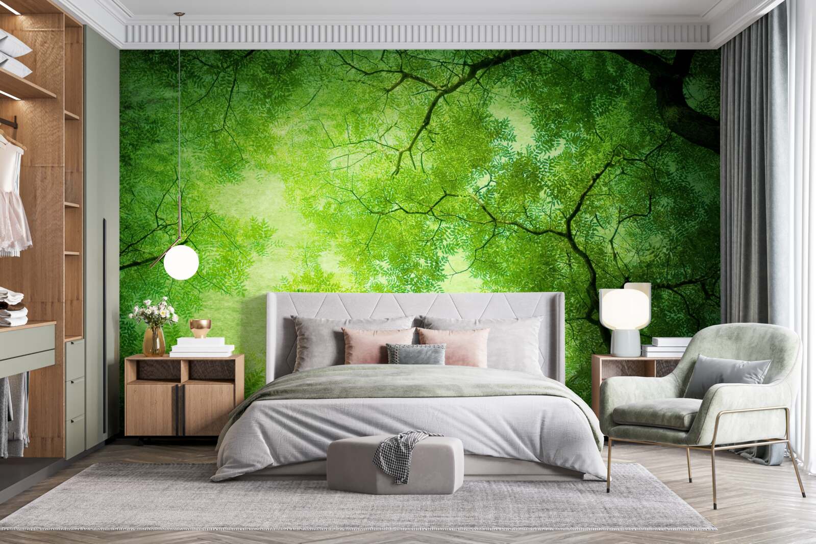 Fototapet o rază de soare pătrunde prin verdele dens al vârfurilor copacilor