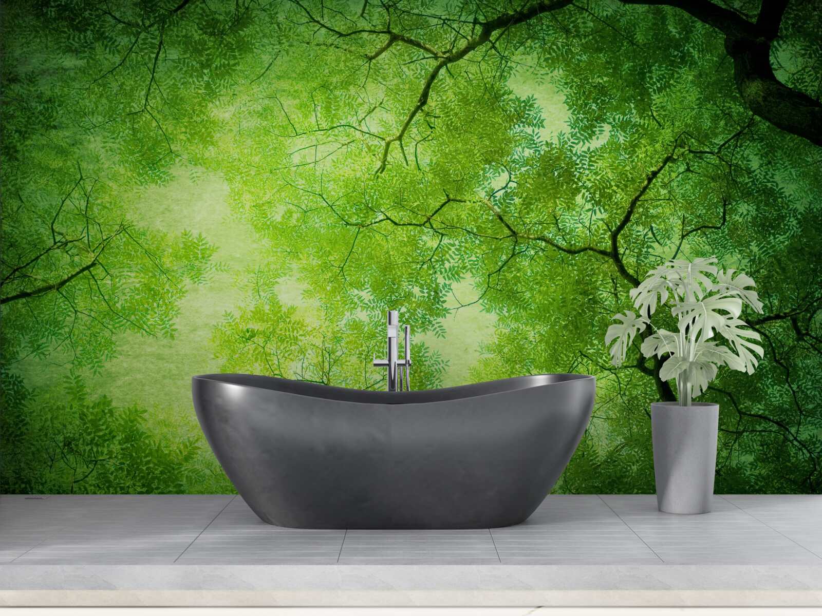 Fototapet o rază de soare pătrunde prin verdele dens al vârfurilor copacilor