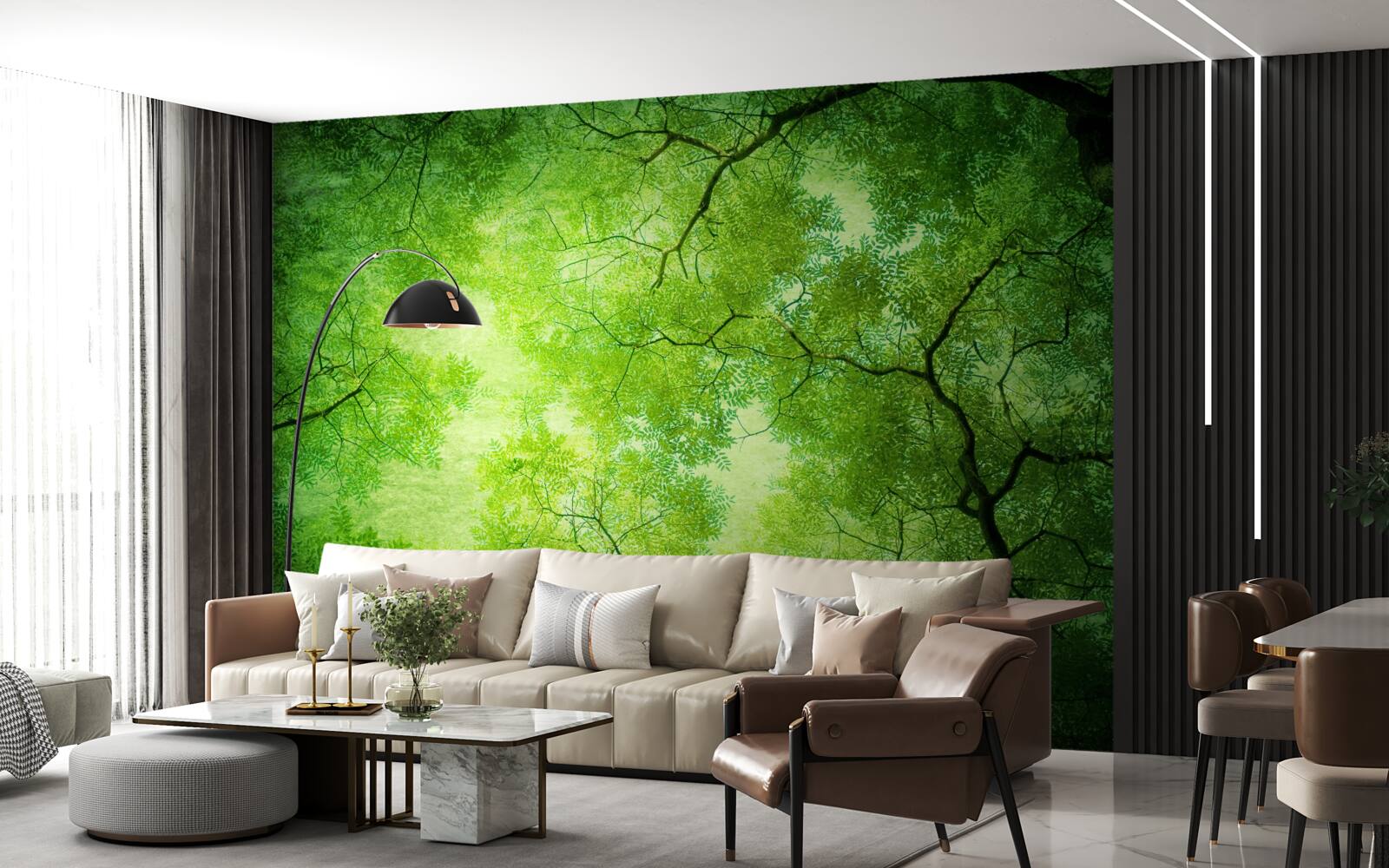 Fototapet o rază de soare pătrunde prin verdele dens al vârfurilor copacilor