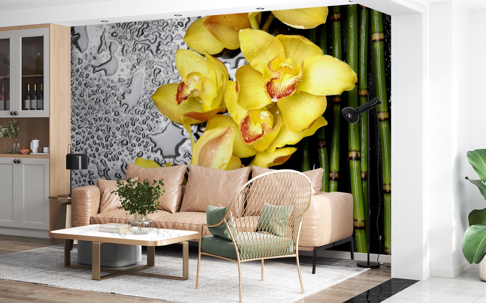 Fototapet orhideea galbenă este pe piatra de lângă bambus