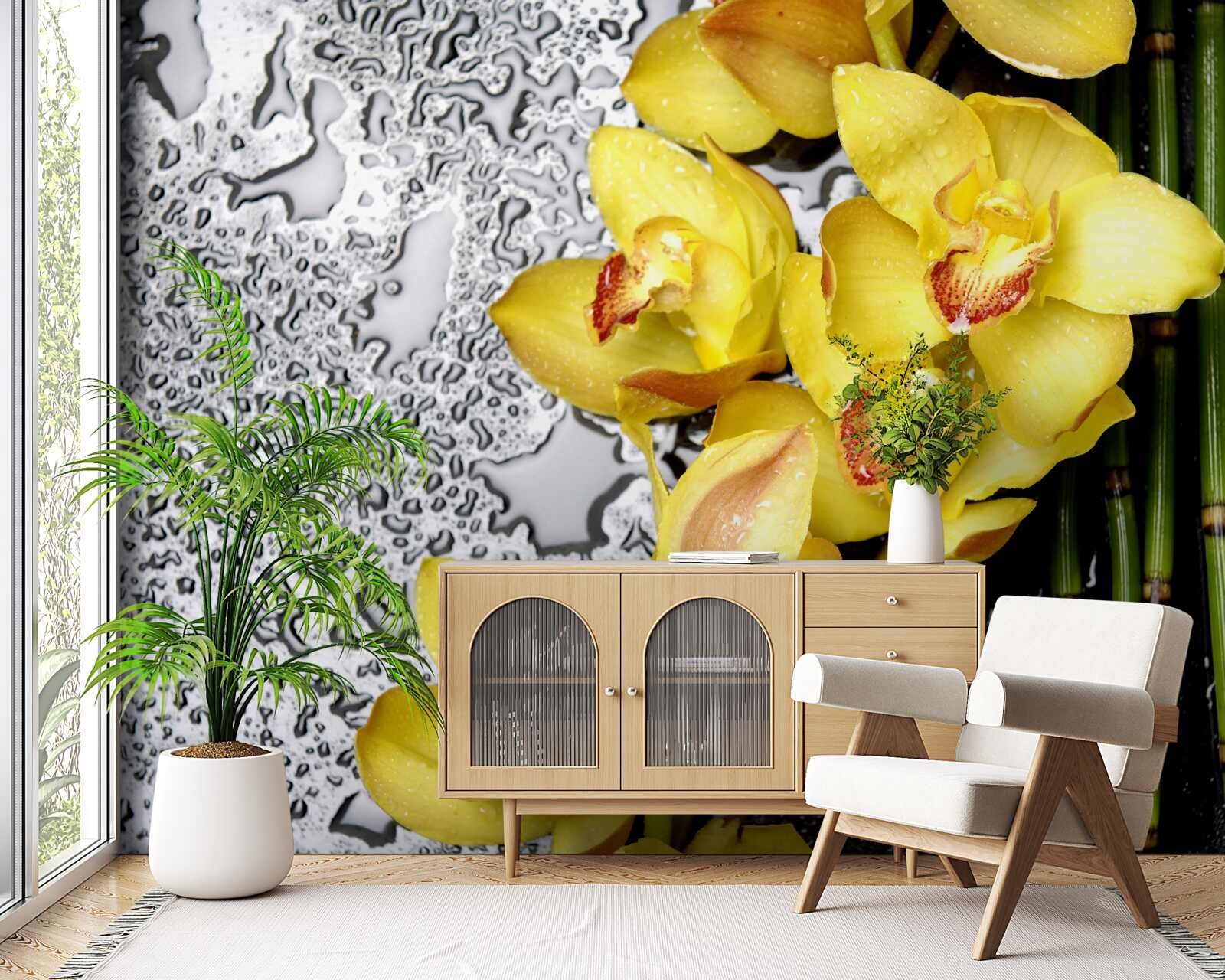 Fototapet orhideea galbenă este pe piatra de lângă bambus