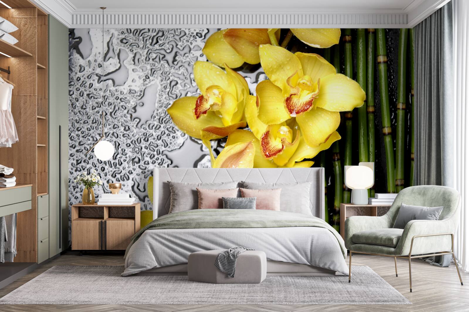 Fototapet orhideea galbenă este pe piatra de lângă bambus