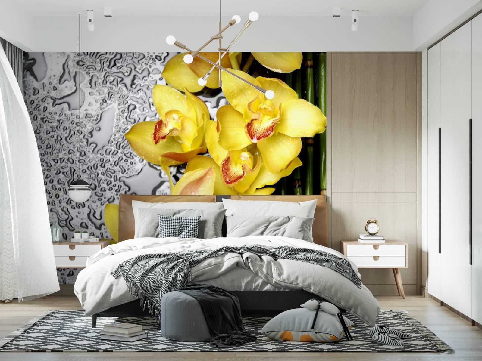 Fototapet orhideea galbenă este pe piatra de lângă bambus