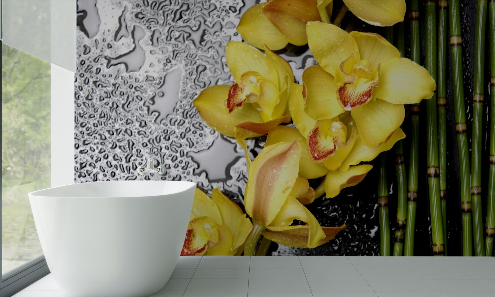 Fototapet orhideea galbenă este pe piatra de lângă bambus