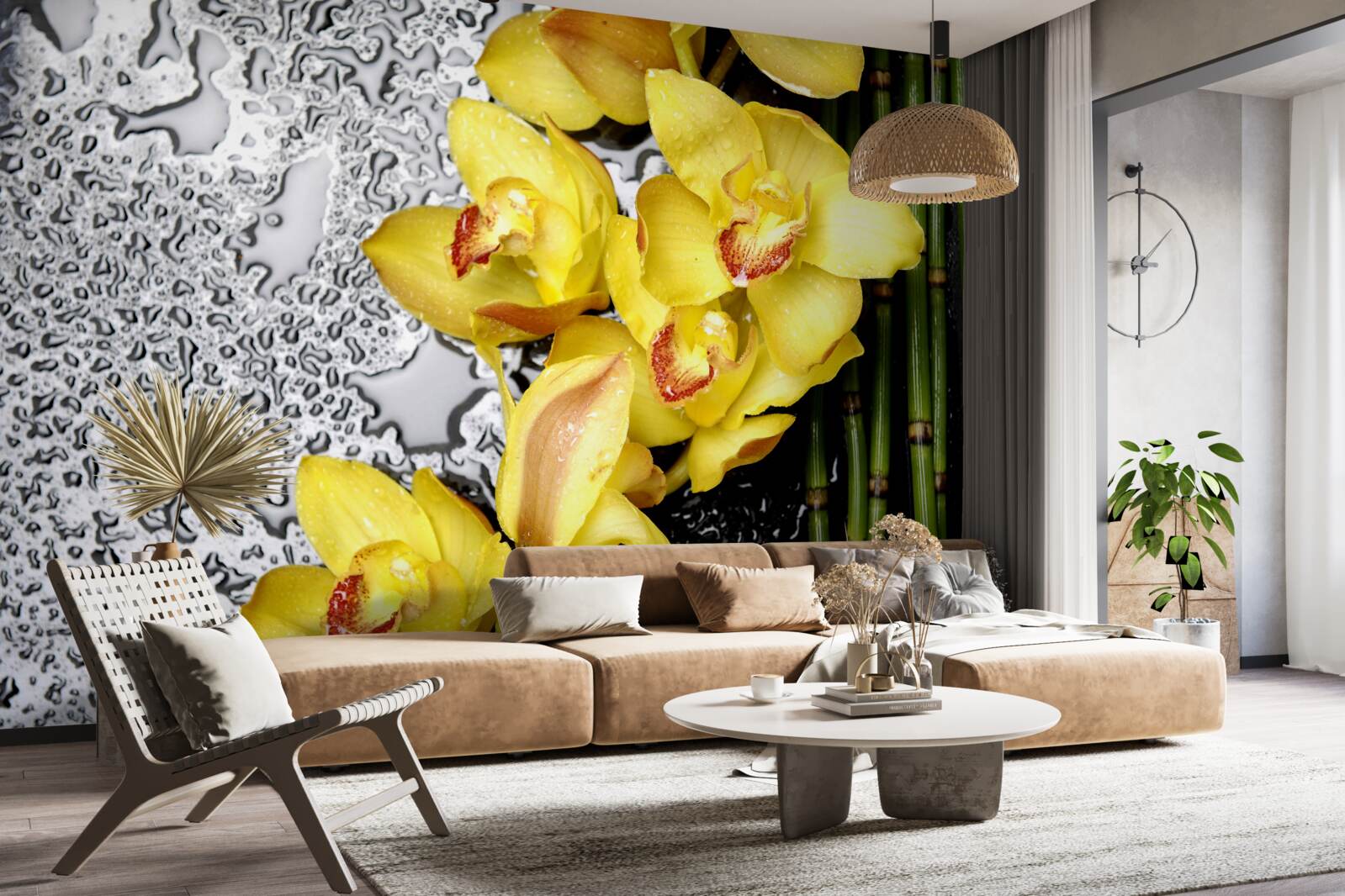 Fototapet orhideea galbenă este pe piatra de lângă bambus