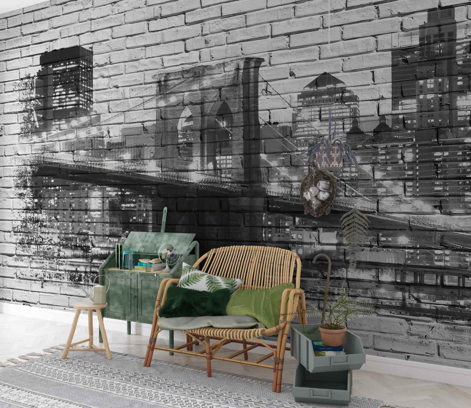 Fototapet podul manhattan cu peisaj urban pe cărămidă