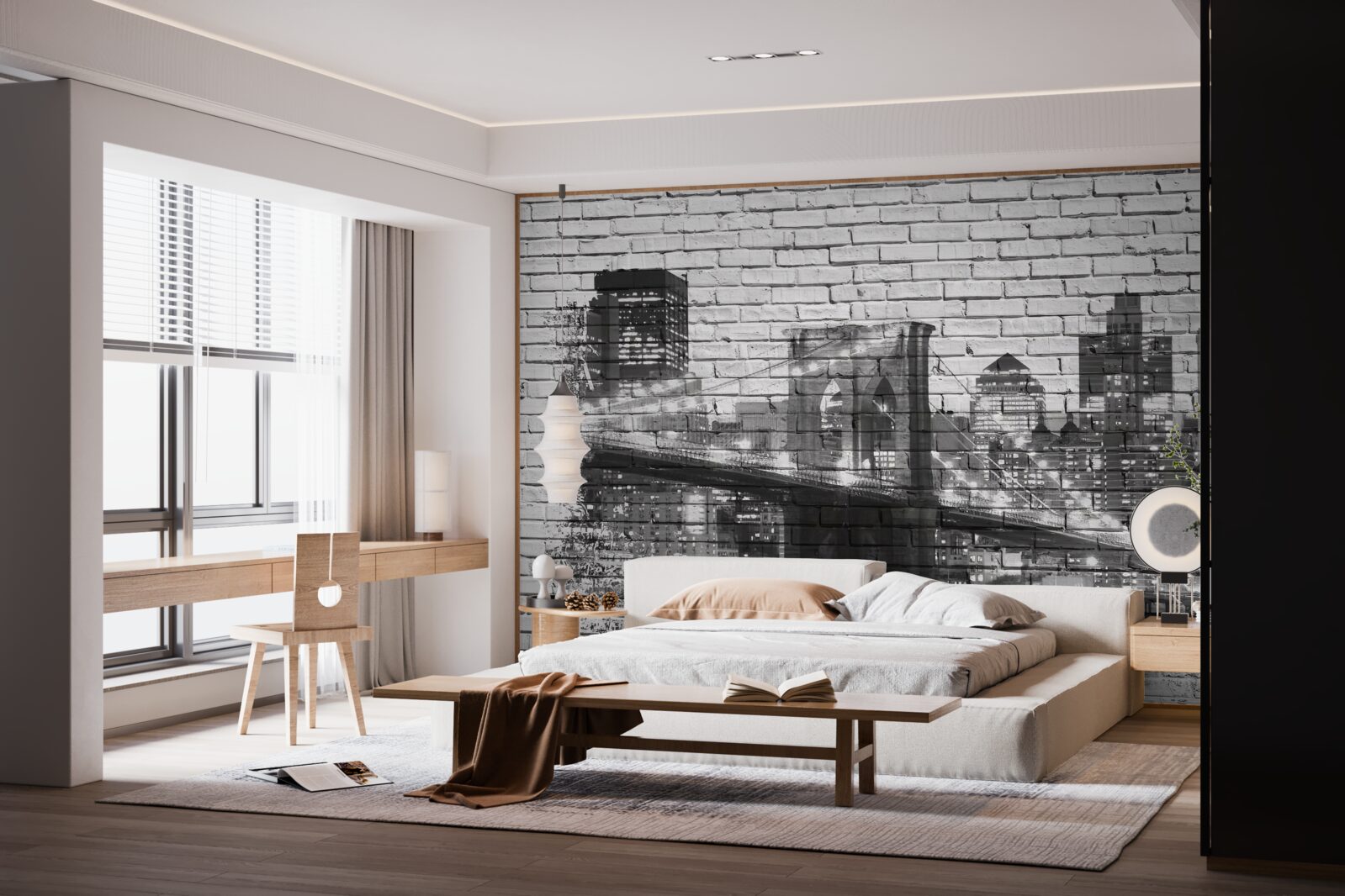 Fototapet podul manhattan cu peisaj urban pe cărămidă