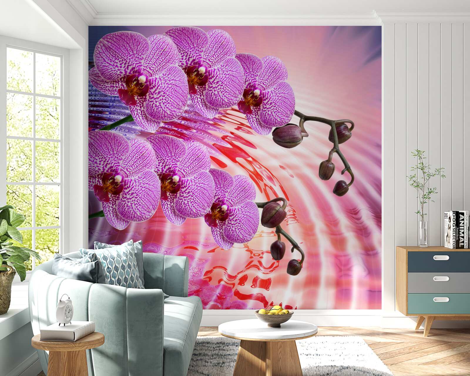 Fototapet reflecție a unei orhidee leopard cu ramuri de liliac