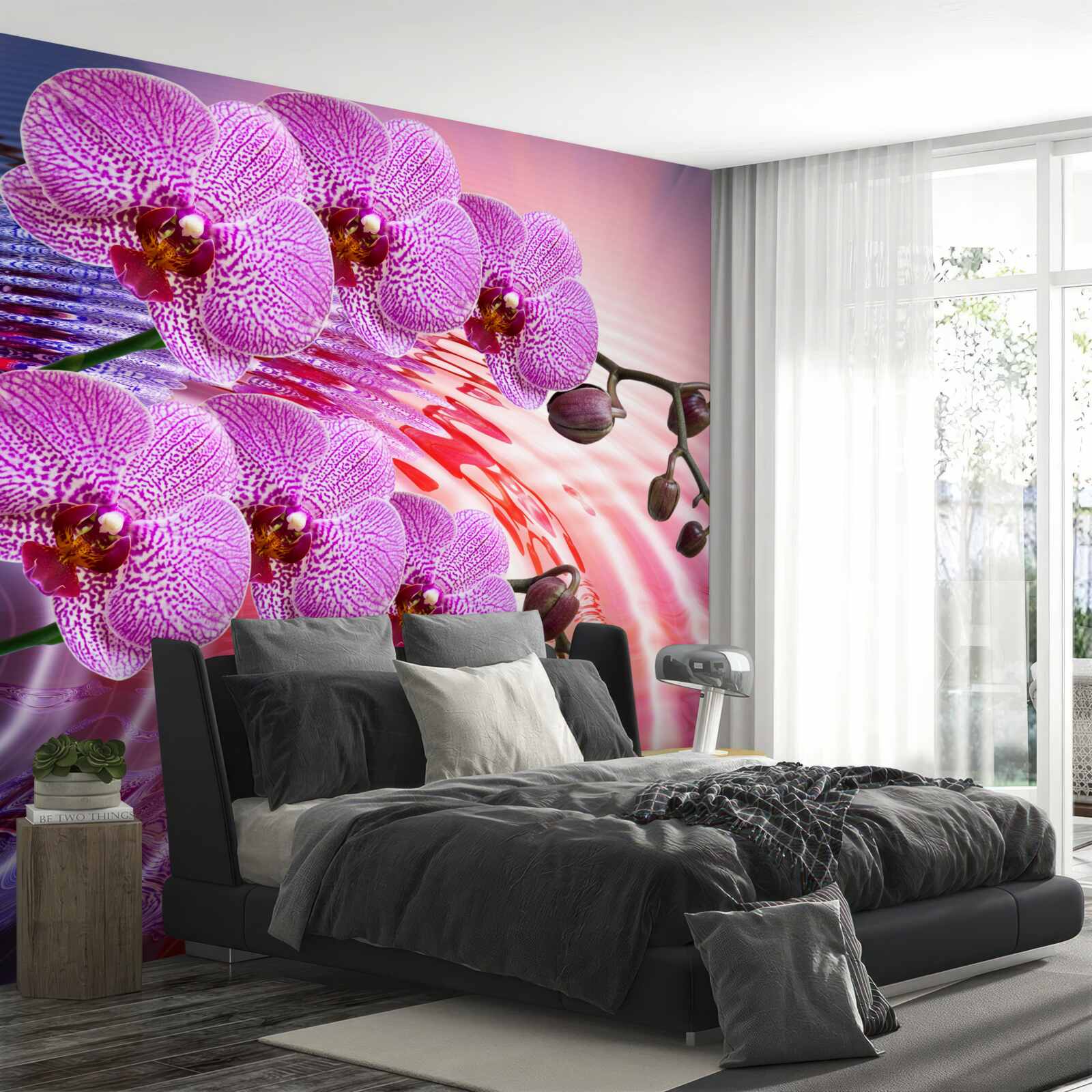 Fototapet reflecție a unei orhidee leopard cu ramuri de liliac