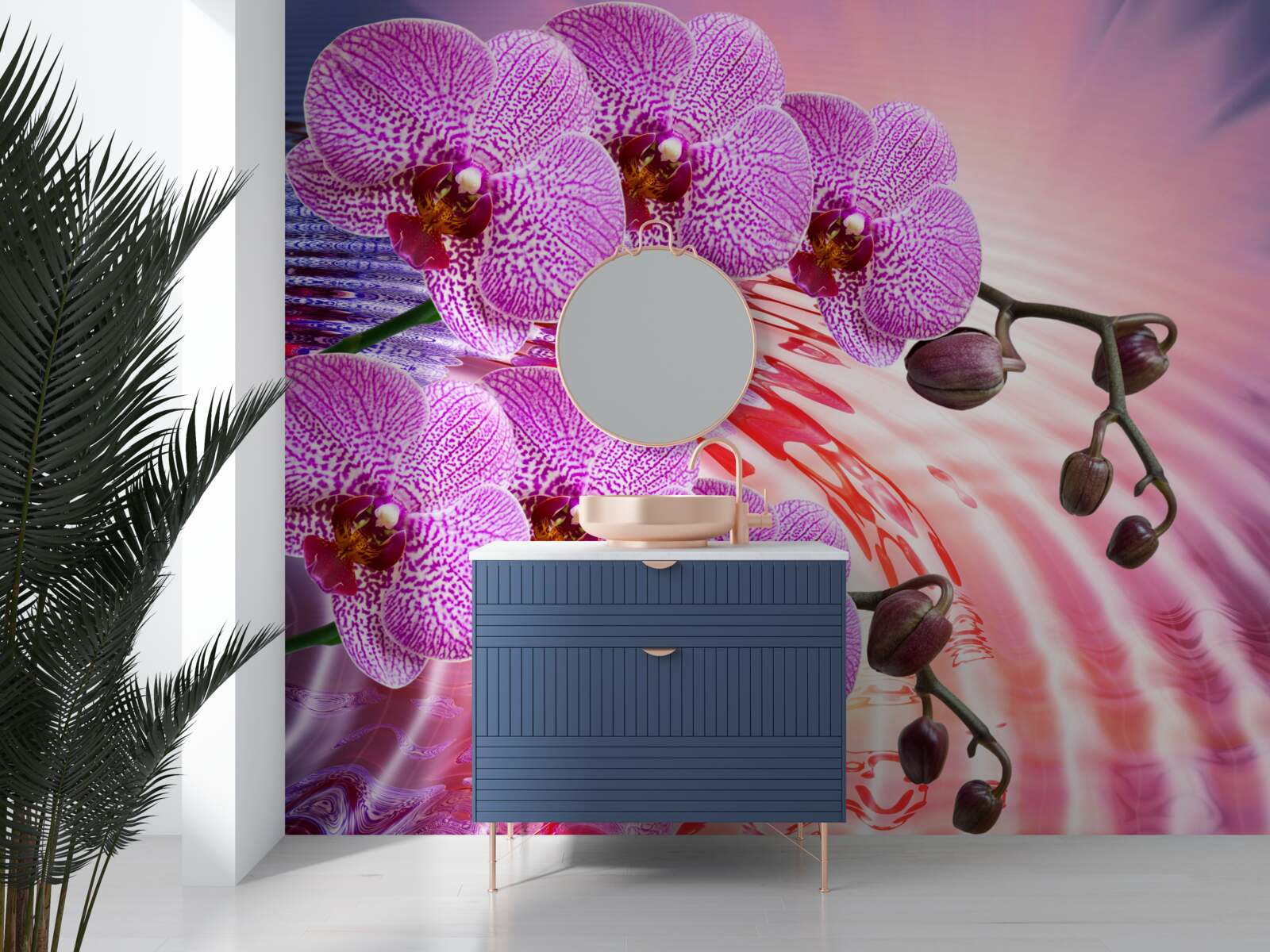 Fototapet reflecție a unei orhidee leopard cu ramuri de liliac