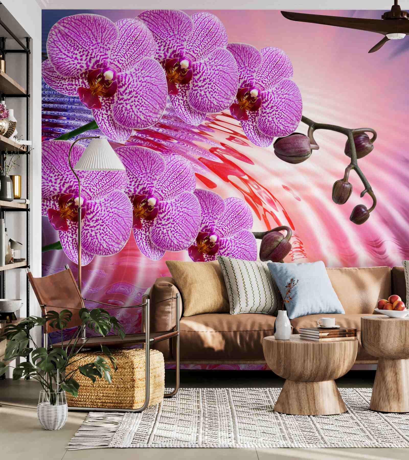 Fototapet reflecție a unei orhidee leopard cu ramuri de liliac