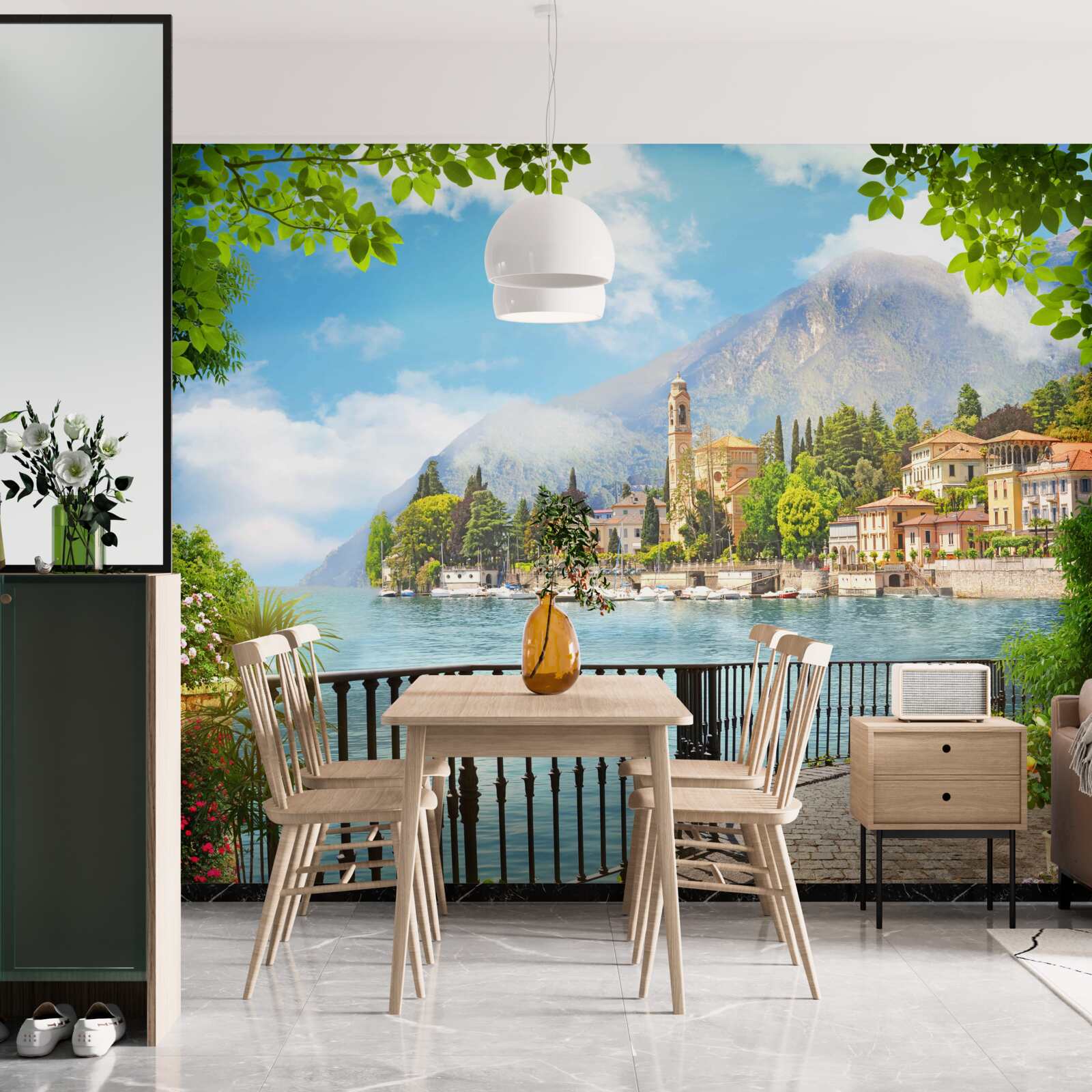 Fototapet promenadă cu vedere panoramică la orașul istoric și la peisajul montan