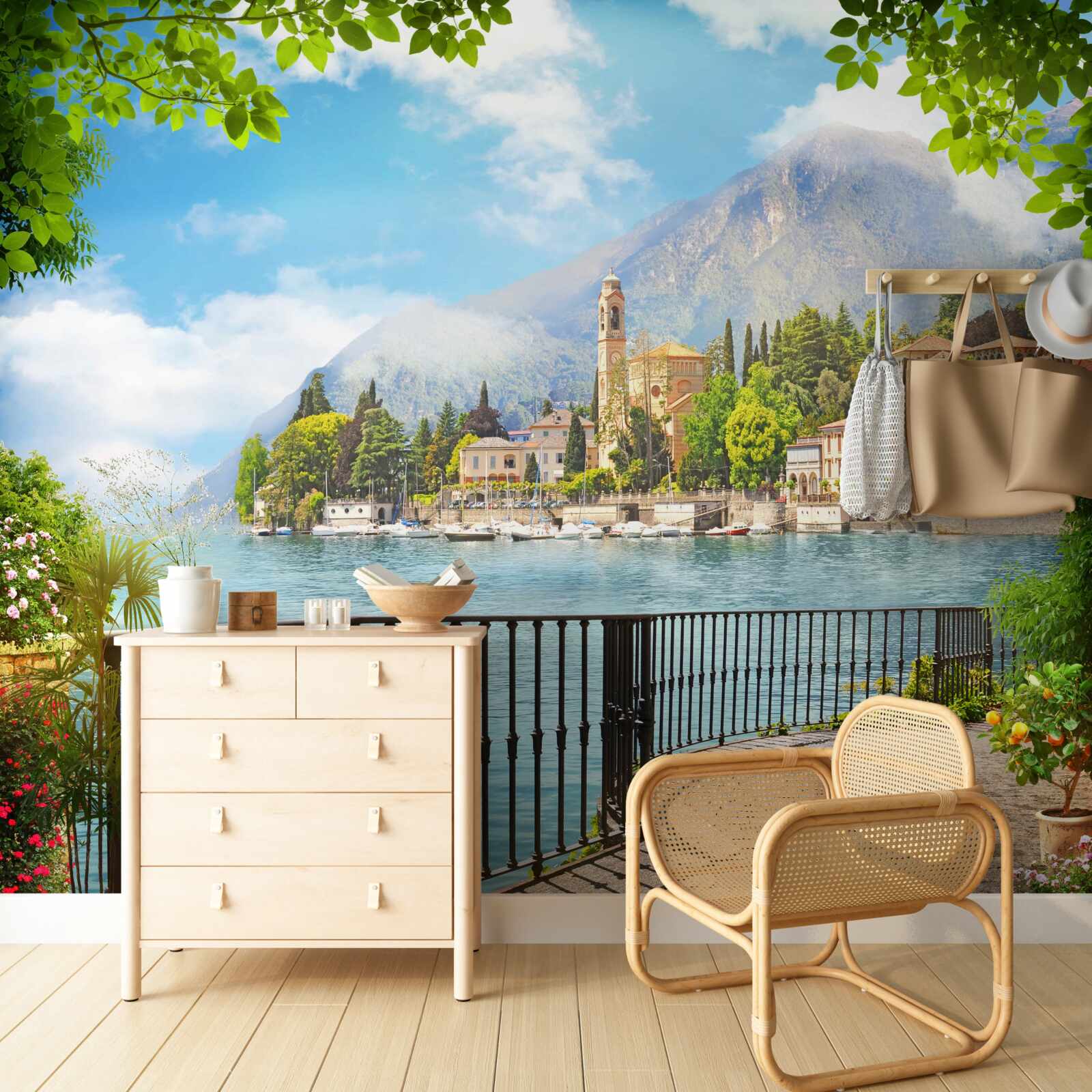 Fototapet promenadă cu vedere panoramică la orașul istoric și la peisajul montan