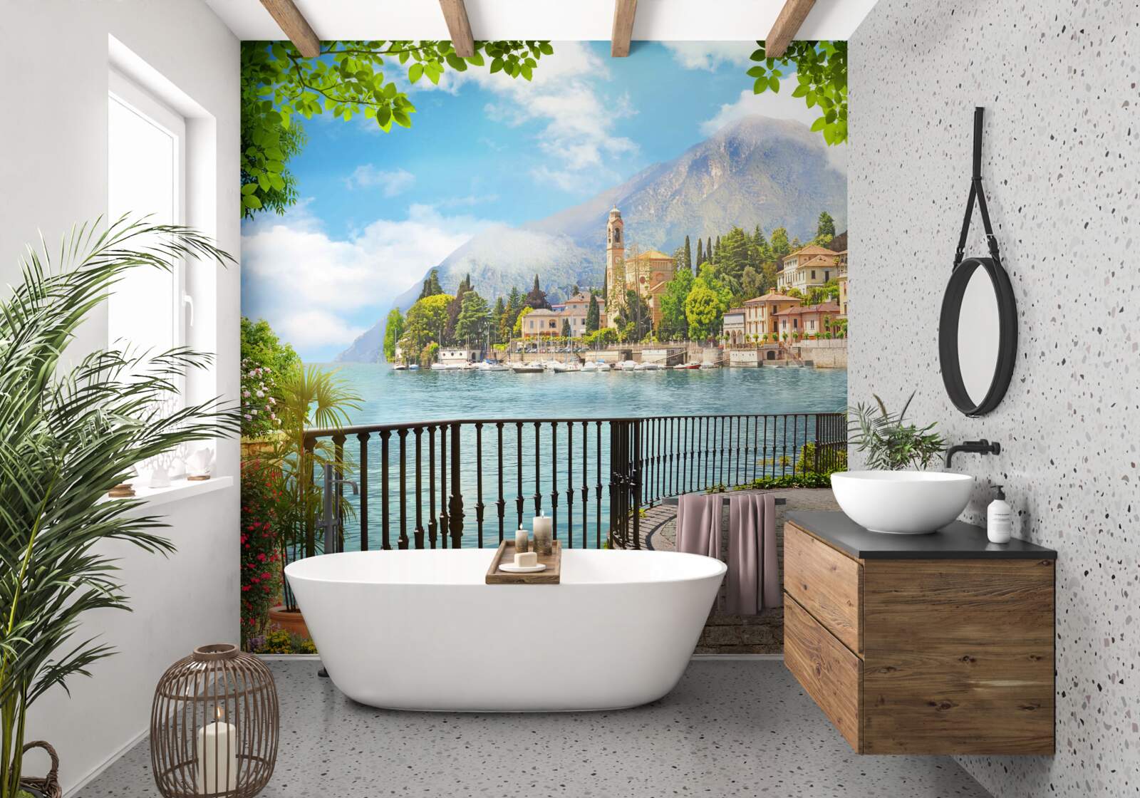 Fototapet promenadă cu vedere panoramică la orașul istoric și la peisajul montan