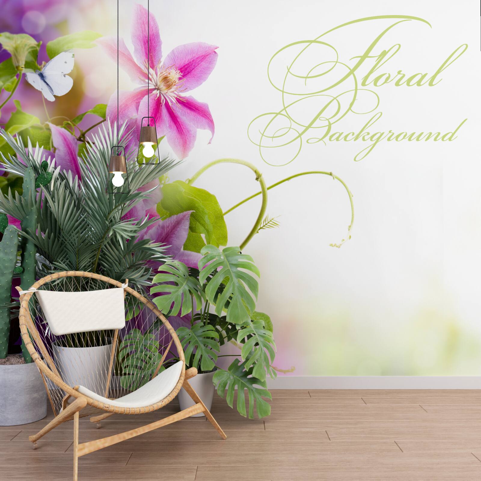 Fototapet flori frumoase de levănțică și fluturi ușori