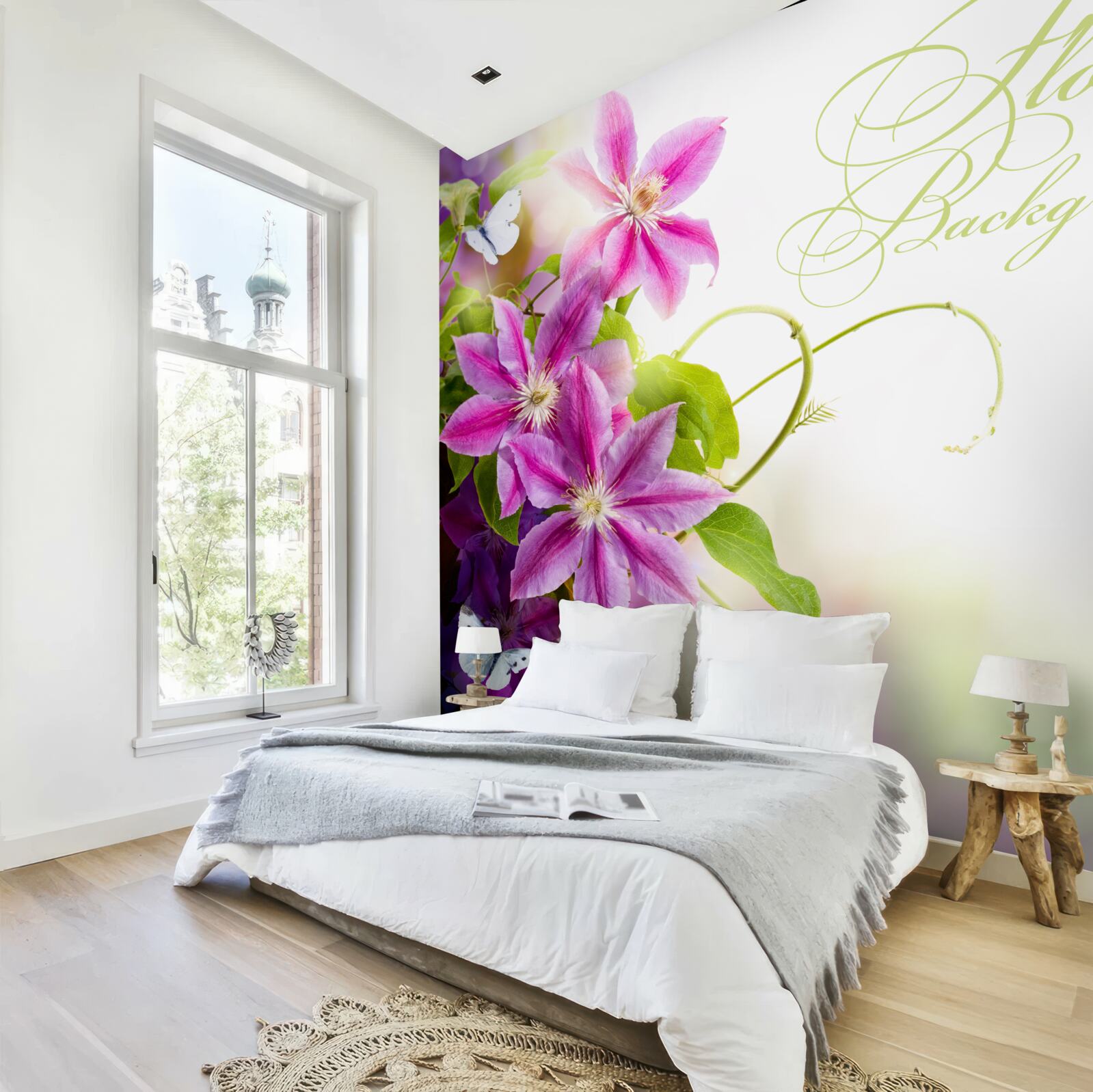 Fototapet flori frumoase de levănțică și fluturi ușori