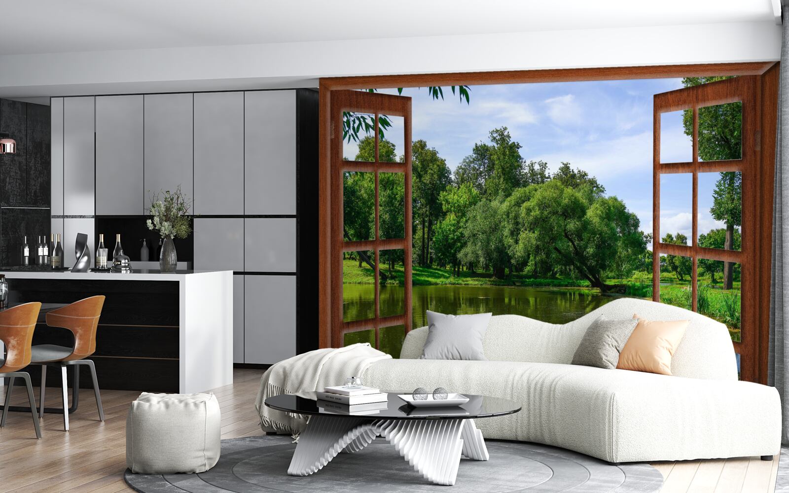 Fototapet peisaj natural panoramic în spatele ferestrei