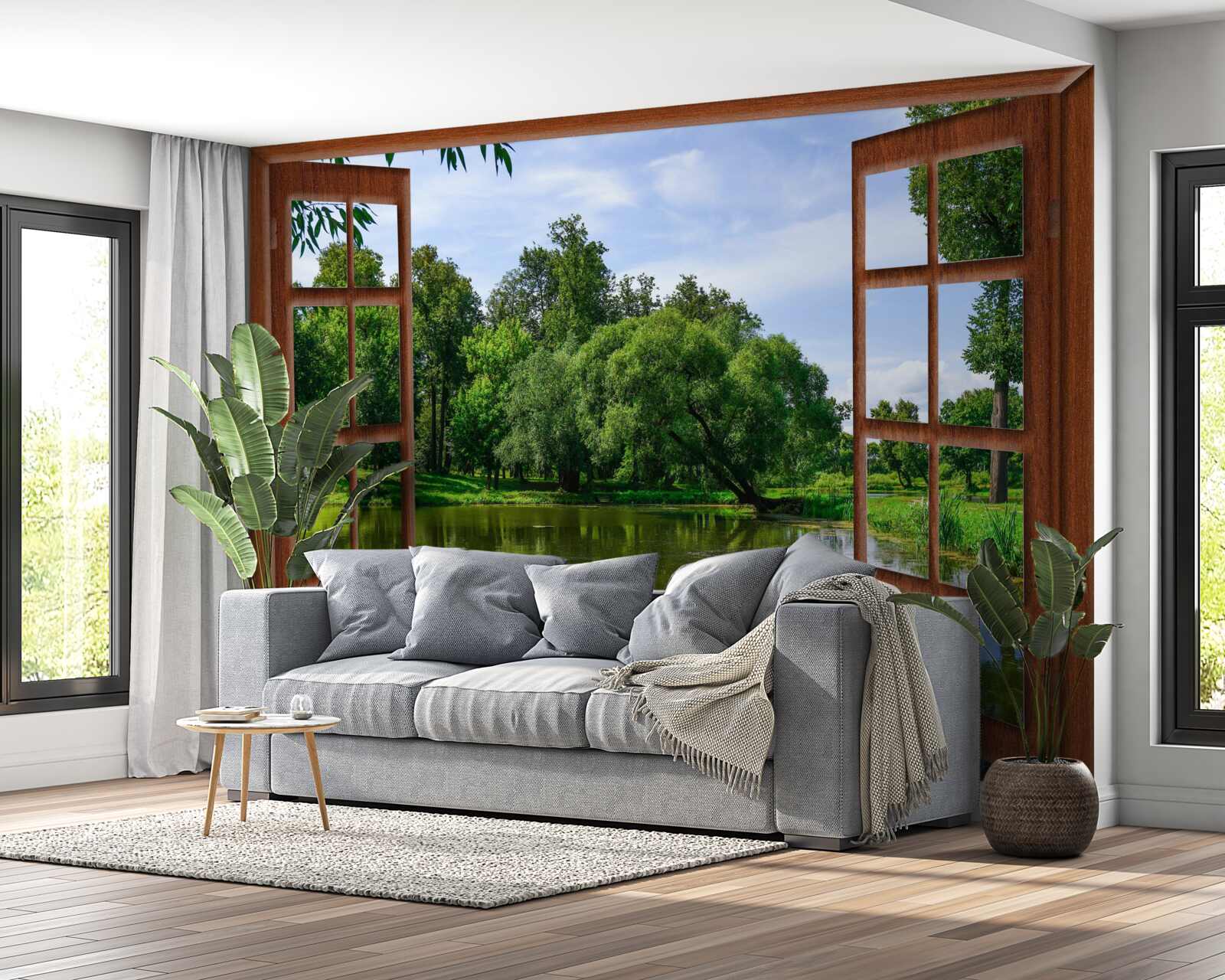 Fototapet peisaj natural panoramic în spatele ferestrei