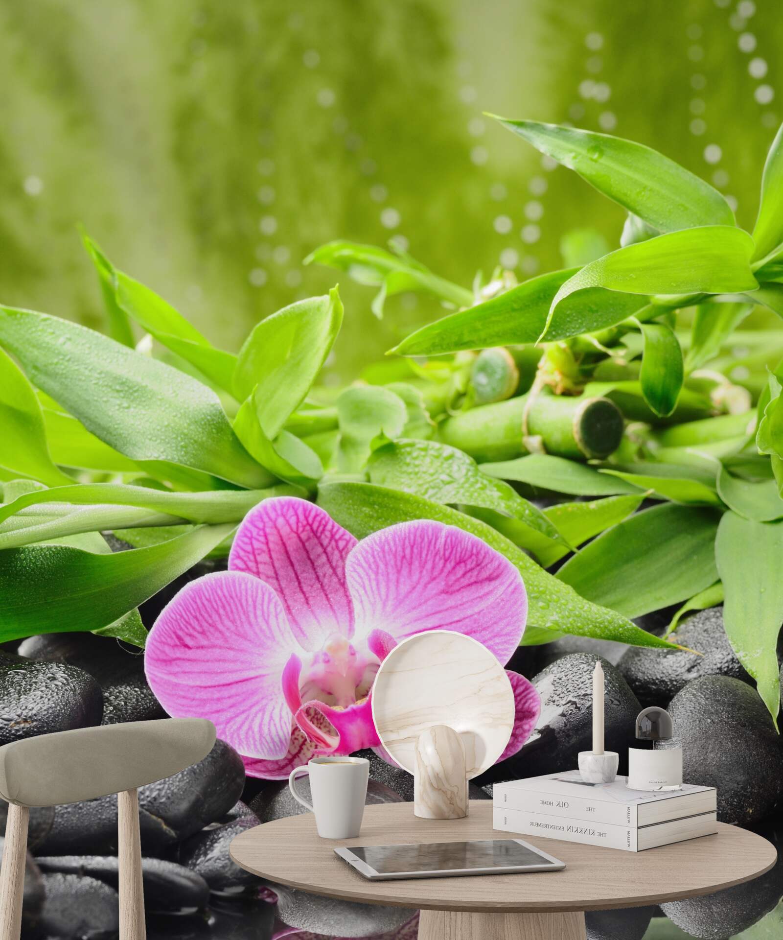 Fototapet orhidee așezată grațios pe o piatră întunecată lângă apă