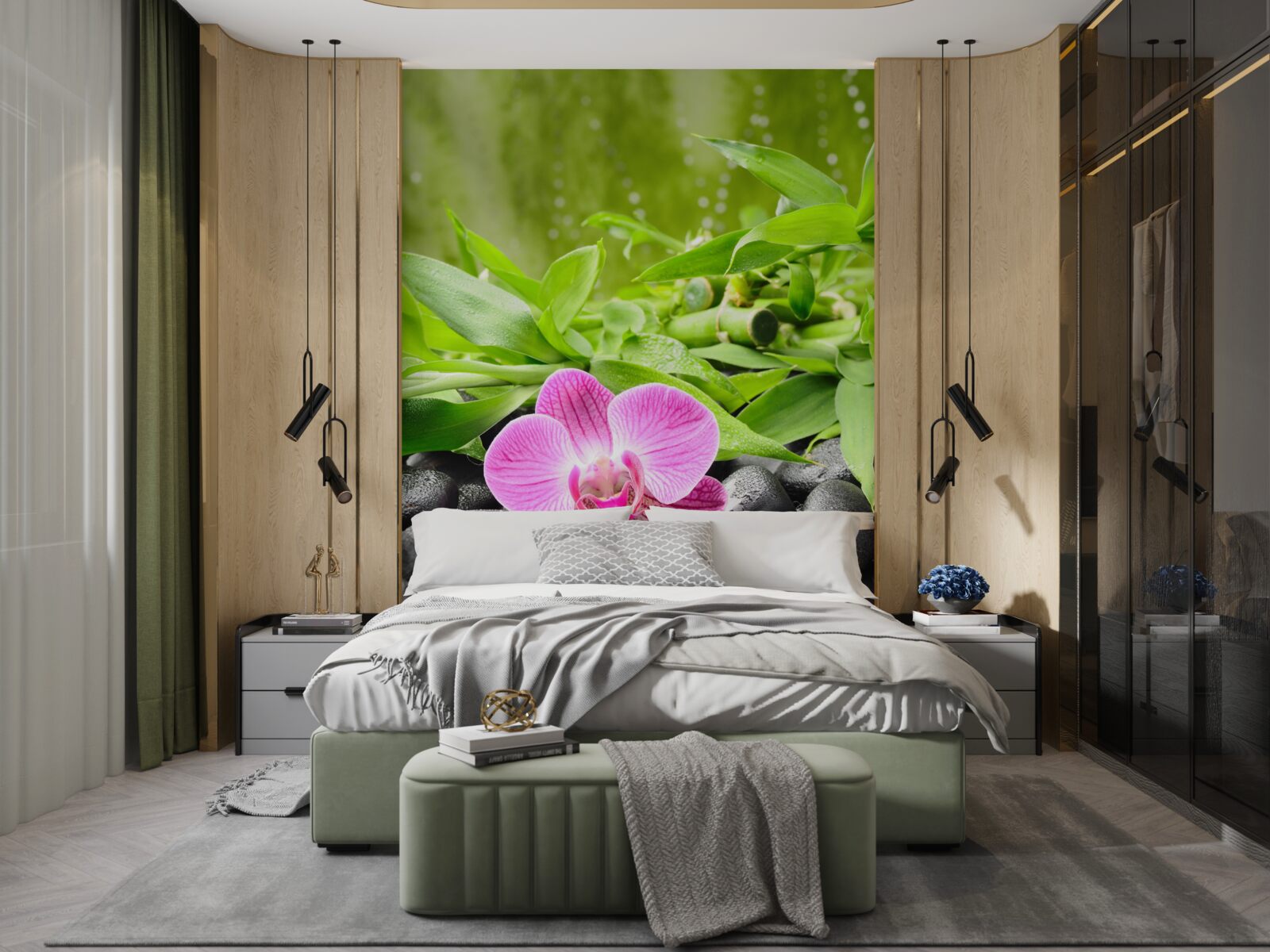 Fototapet orhidee așezată grațios pe o piatră întunecată lângă apă