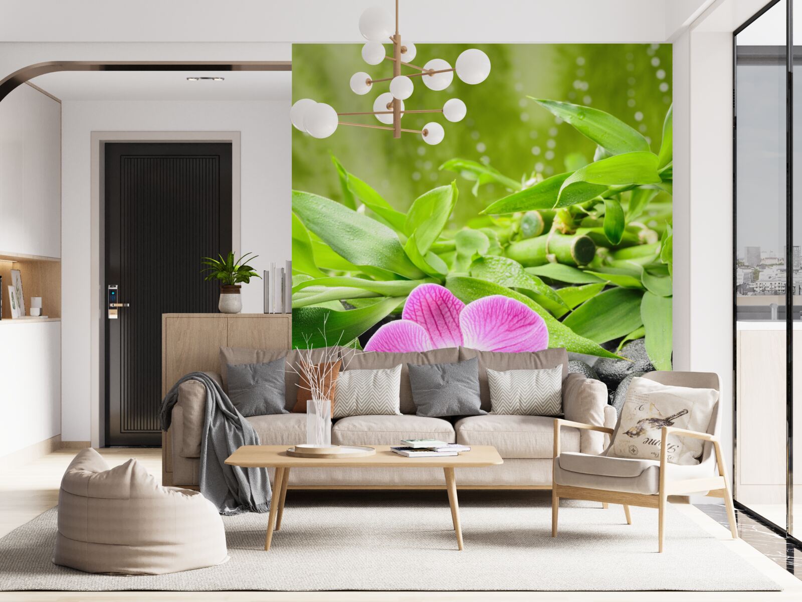 Fototapet orhidee așezată grațios pe o piatră întunecată lângă apă