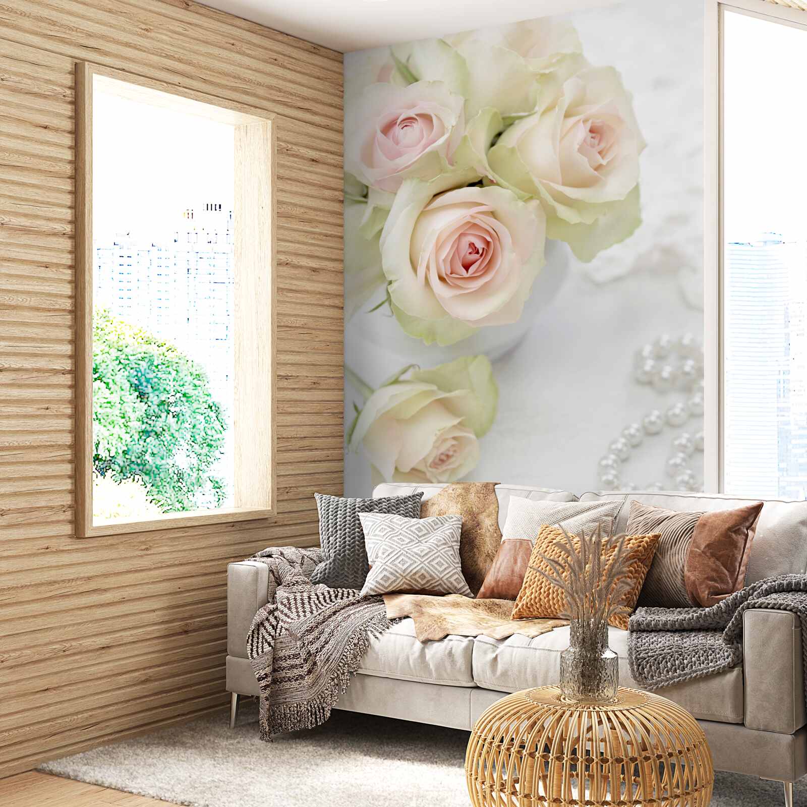 Fototapet compoziție de trandafiri roz pal delicat și perle