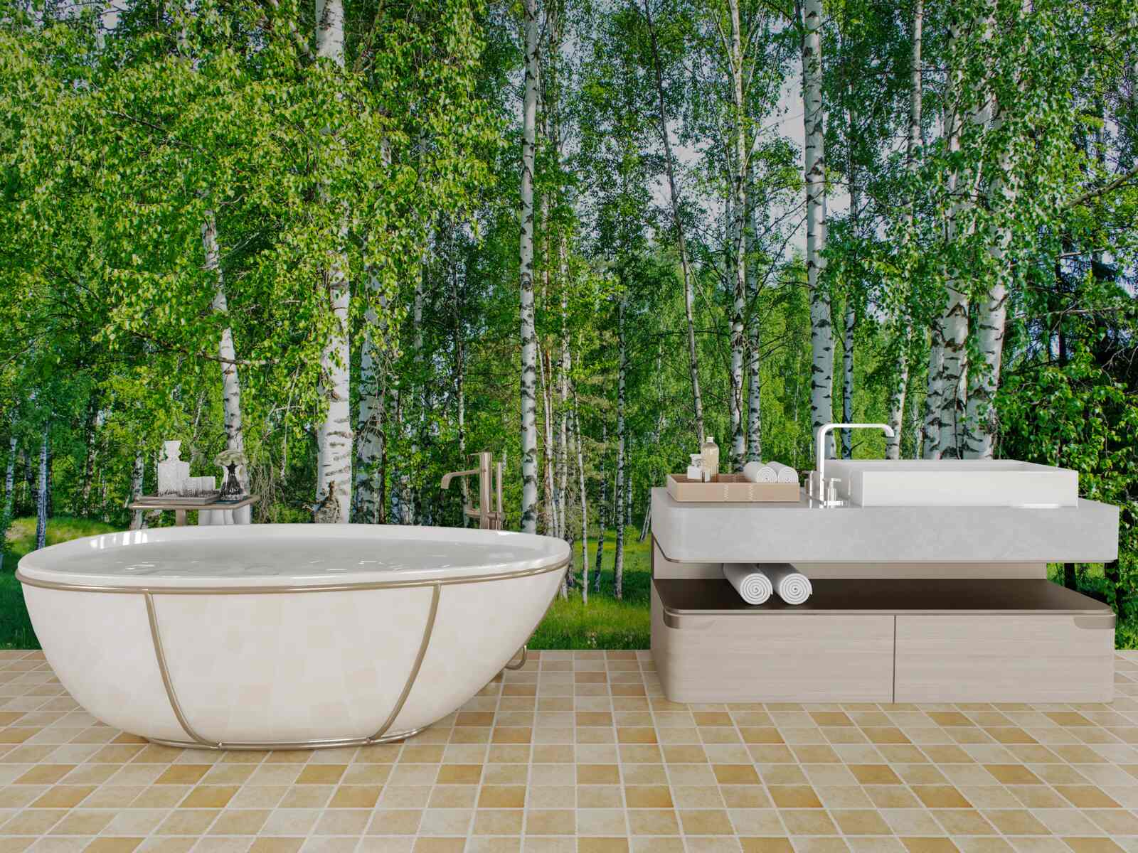 Fototapet mesteceni cu frunze verzi cresc în pădurea de vară