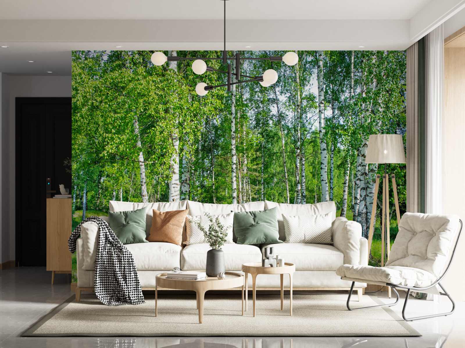 Fototapet mesteceni cu frunze verzi cresc în pădurea de vară