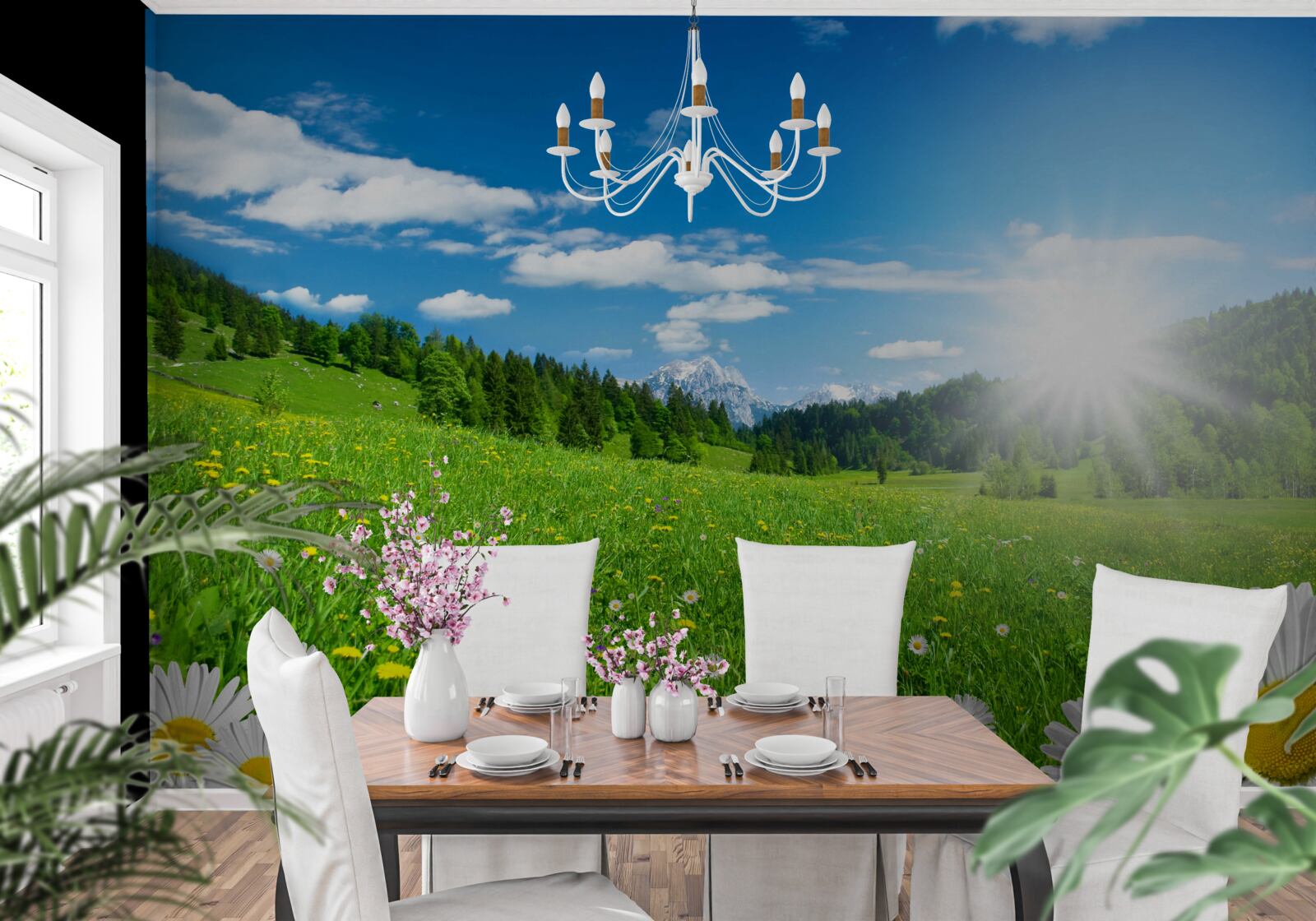 Fototapet dimineață strălucitoare peste o pajiște înflorită și margarete