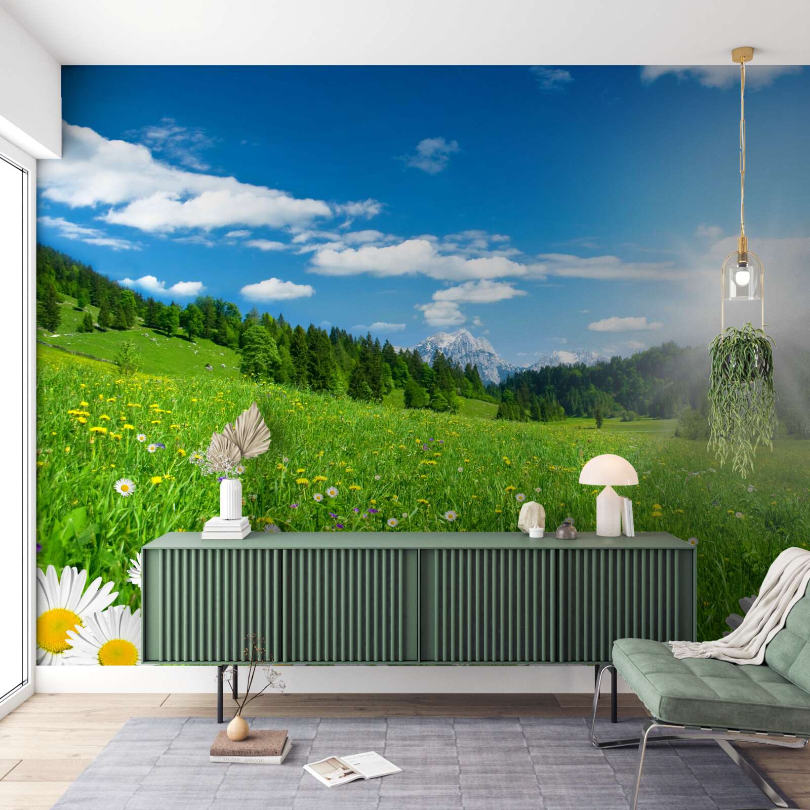 Fototapet dimineață strălucitoare peste o pajiște înflorită și margarete