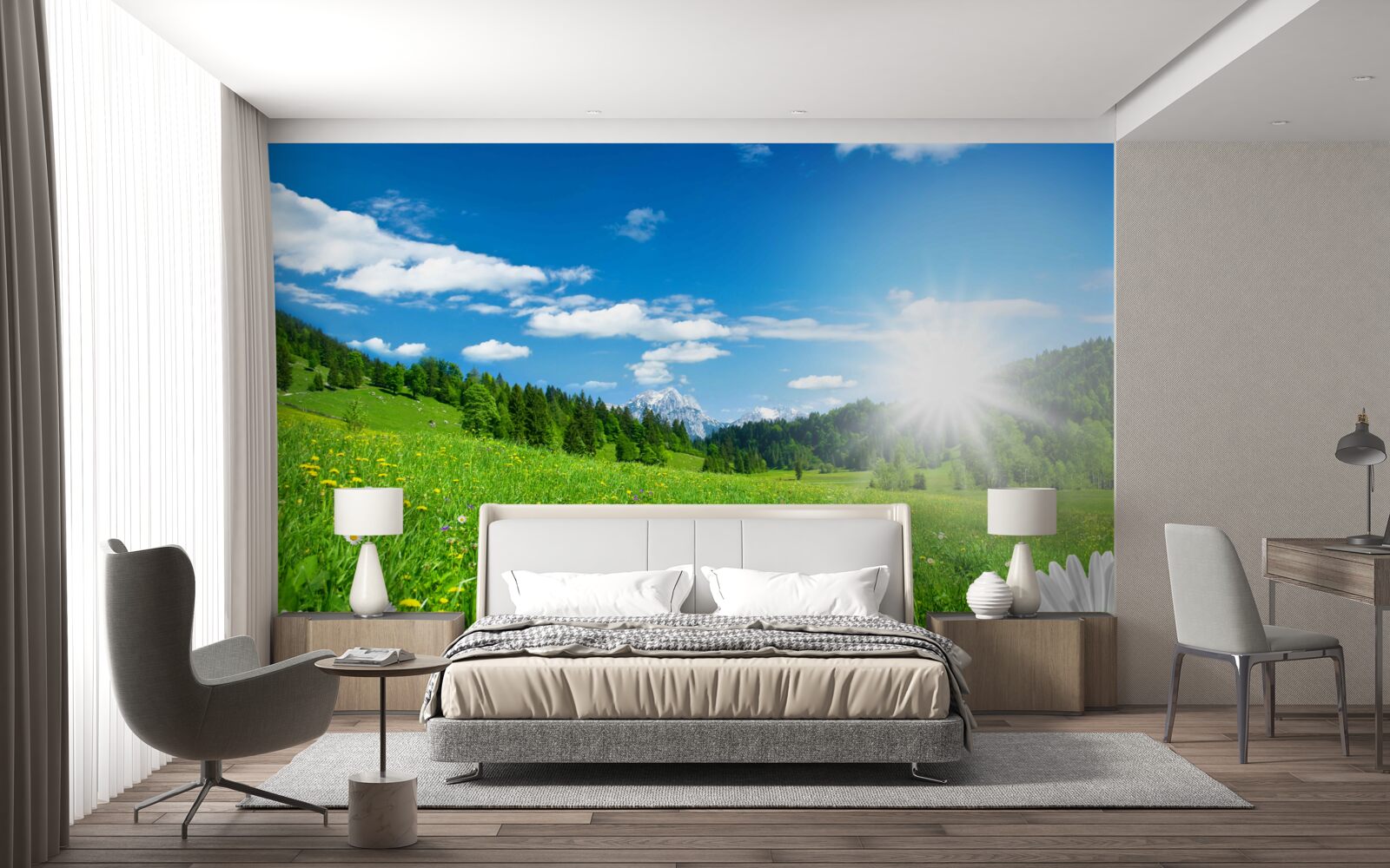 Fototapet dimineață strălucitoare peste o pajiște înflorită și margarete