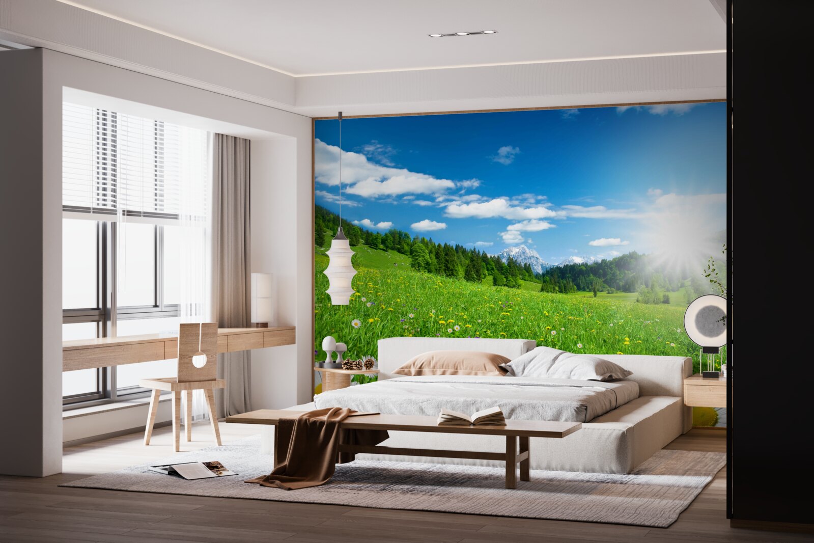 Fototapet dimineață strălucitoare peste o pajiște înflorită și margarete