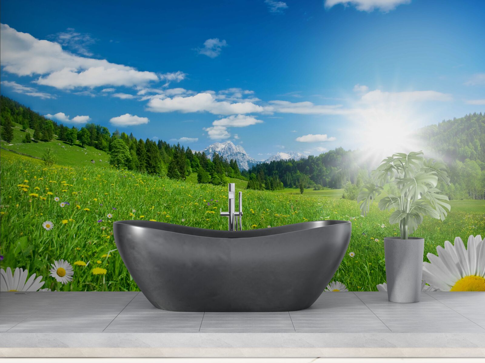 Fototapet dimineață strălucitoare peste o pajiște înflorită și margarete