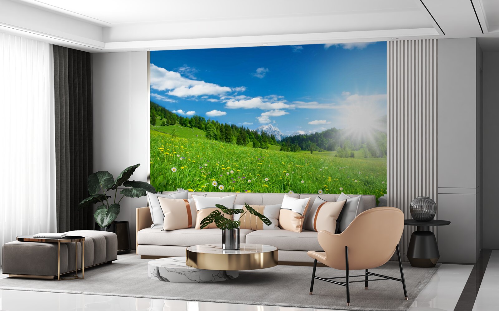 Fototapet dimineață strălucitoare peste o pajiște înflorită și margarete