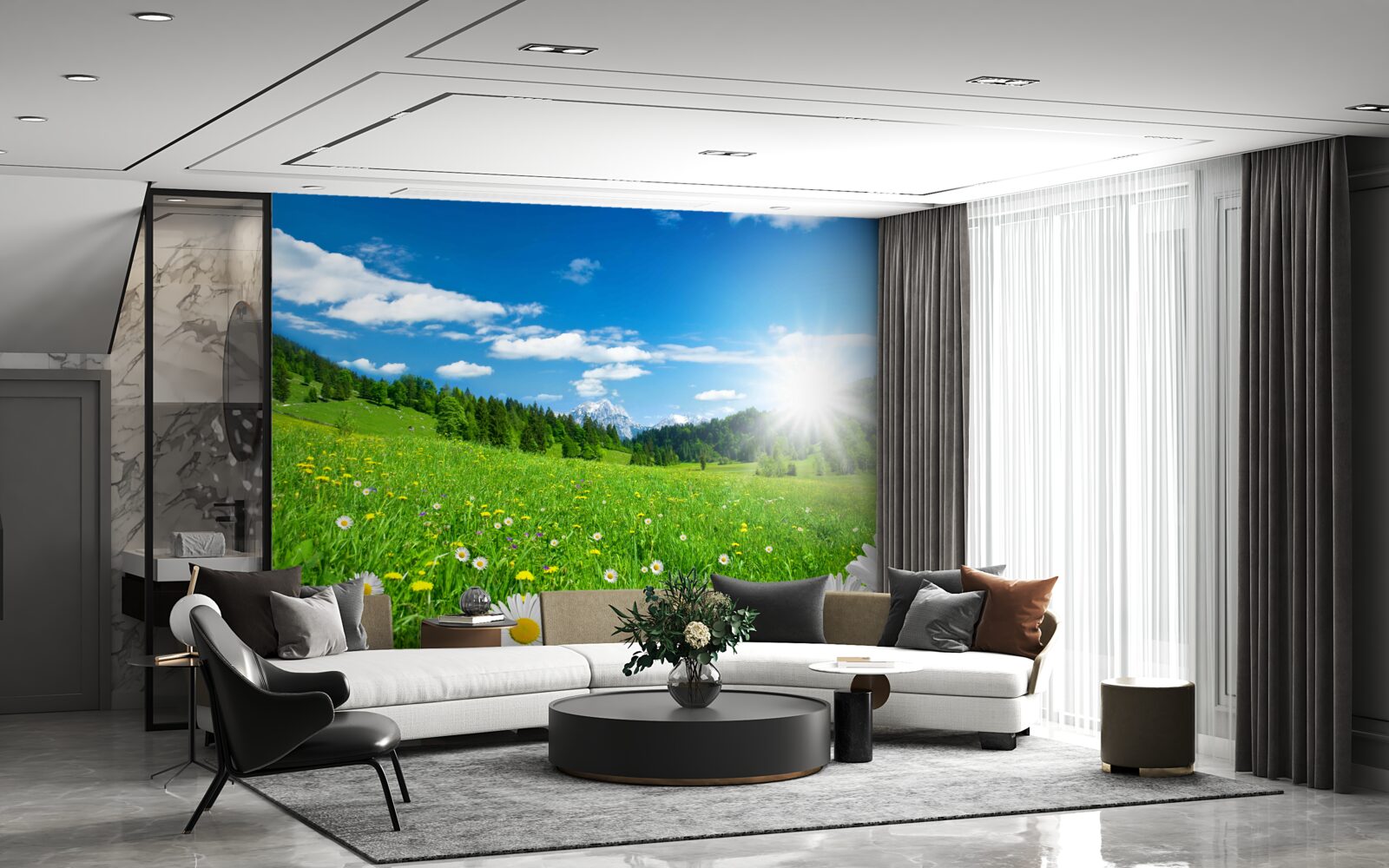 Fototapet dimineață strălucitoare peste o pajiște înflorită și margarete