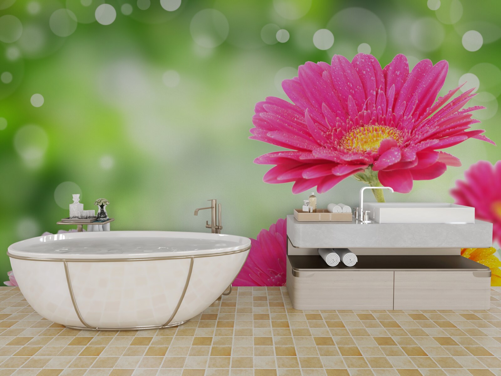 Fototapet gerbera strălucește sub picăturile de ploaie