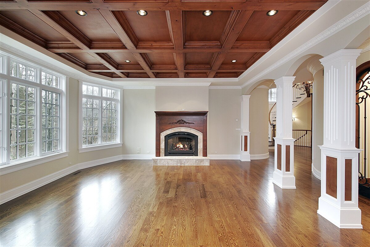 Fototapet interior cu o combinație elegantă de piatră albă și lemn