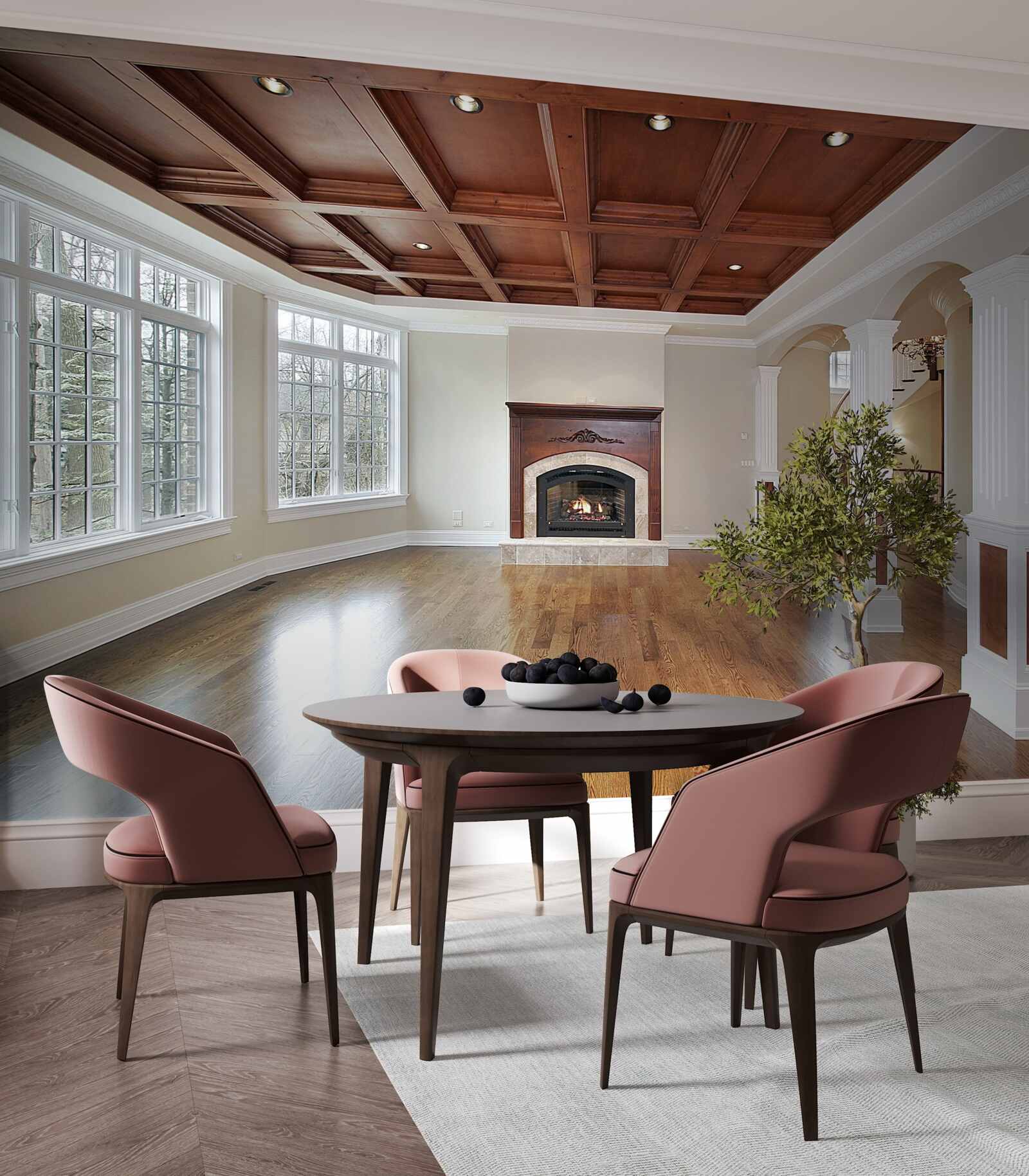 Fototapet interior cu o combinație elegantă de piatră albă și lemn