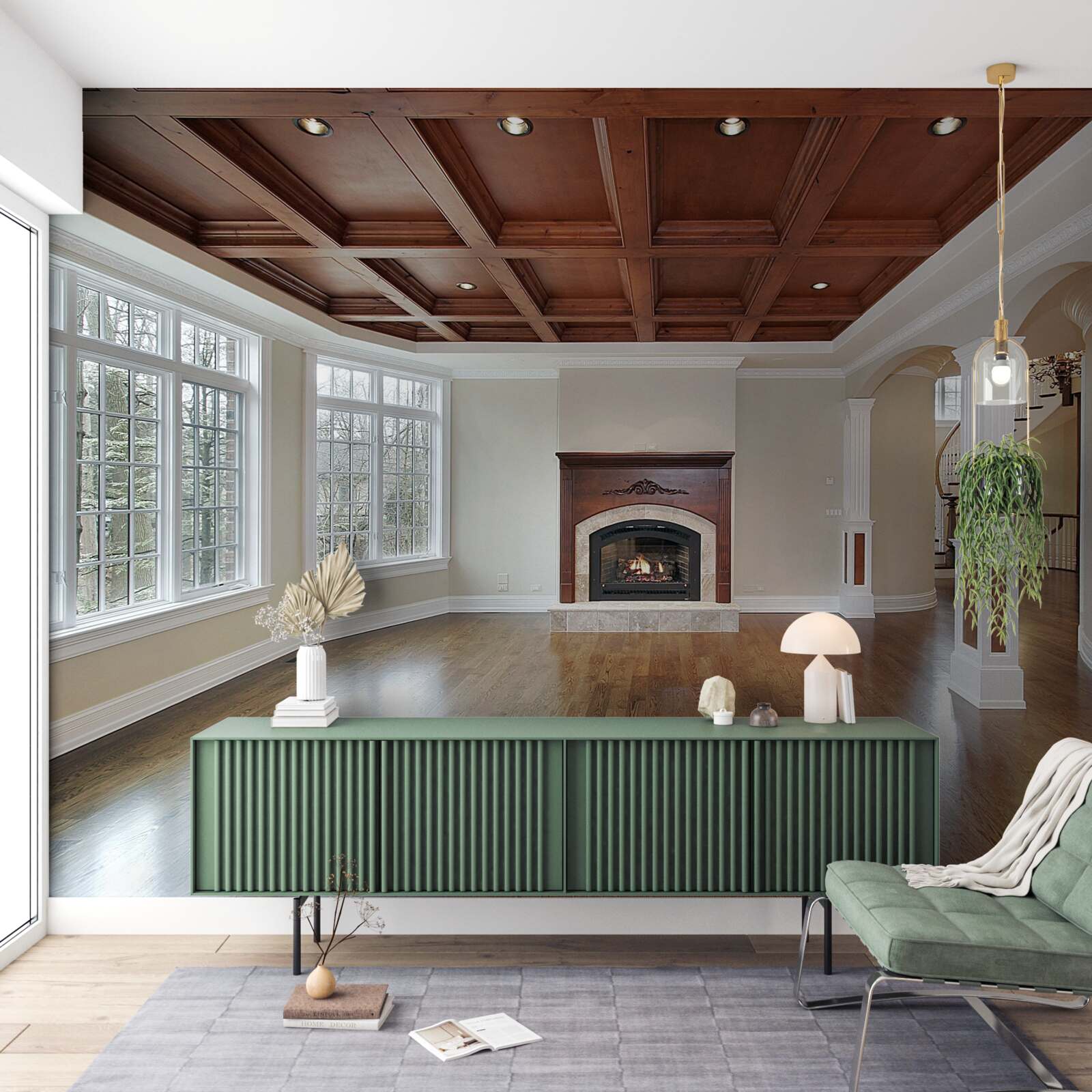 Fototapet interior cu o combinație elegantă de piatră albă și lemn