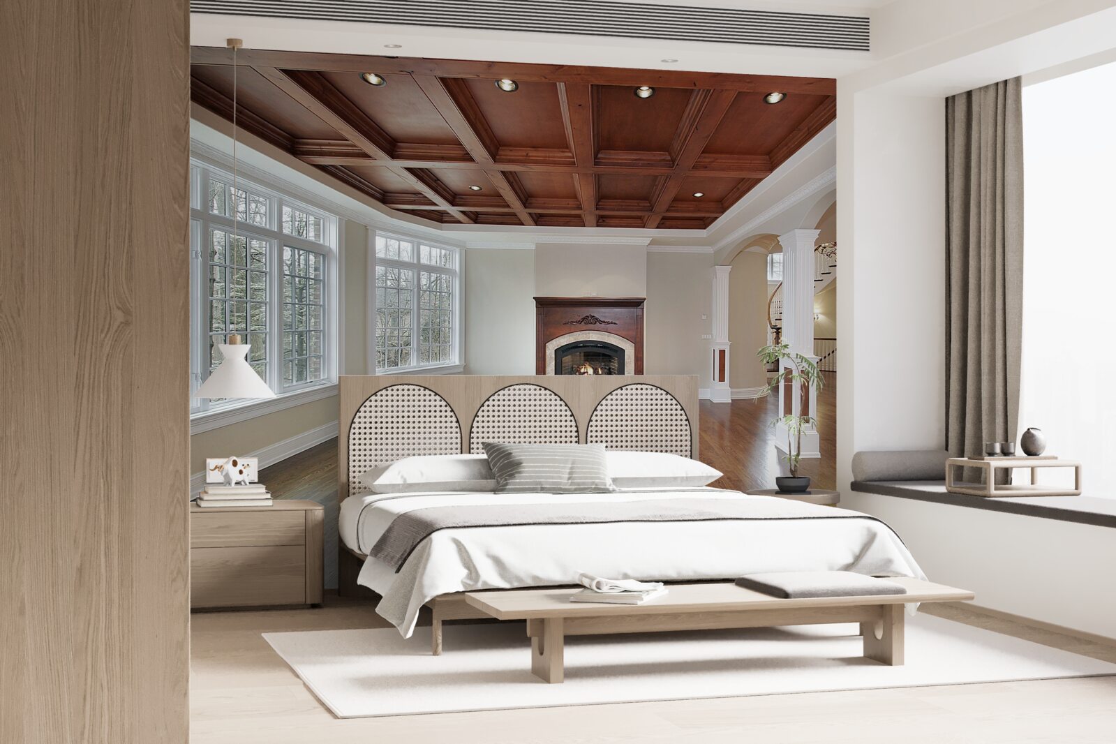 Fototapet interior cu o combinație elegantă de piatră albă și lemn